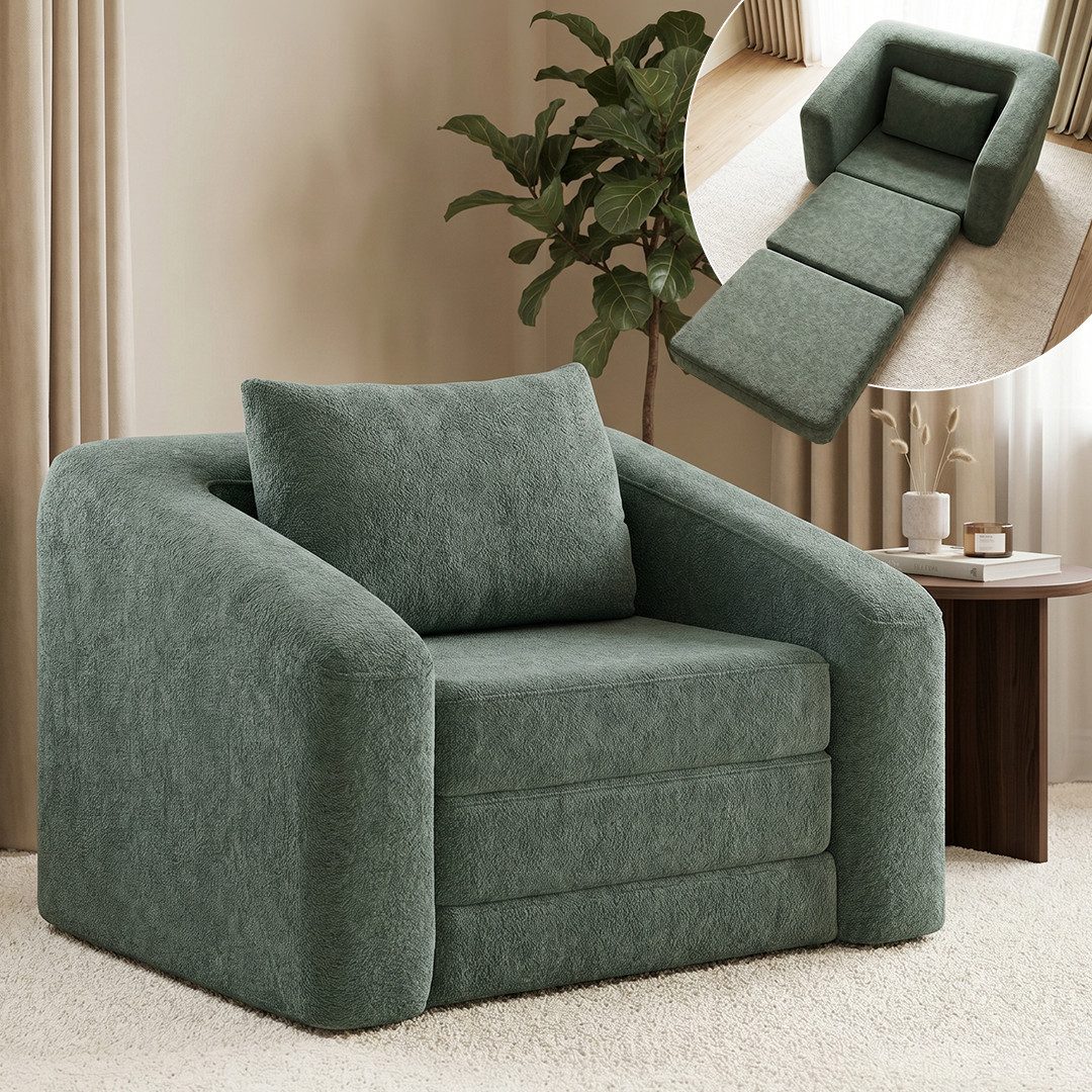 skølm Schlafsofa & Schlafsessel Fjäll mit Kissen, ohne Aufbau, vakuumverpackt, dunkelgrün, Schlafsessel 119x100x70 cm, Teddy-Bouclé Relaxsessel