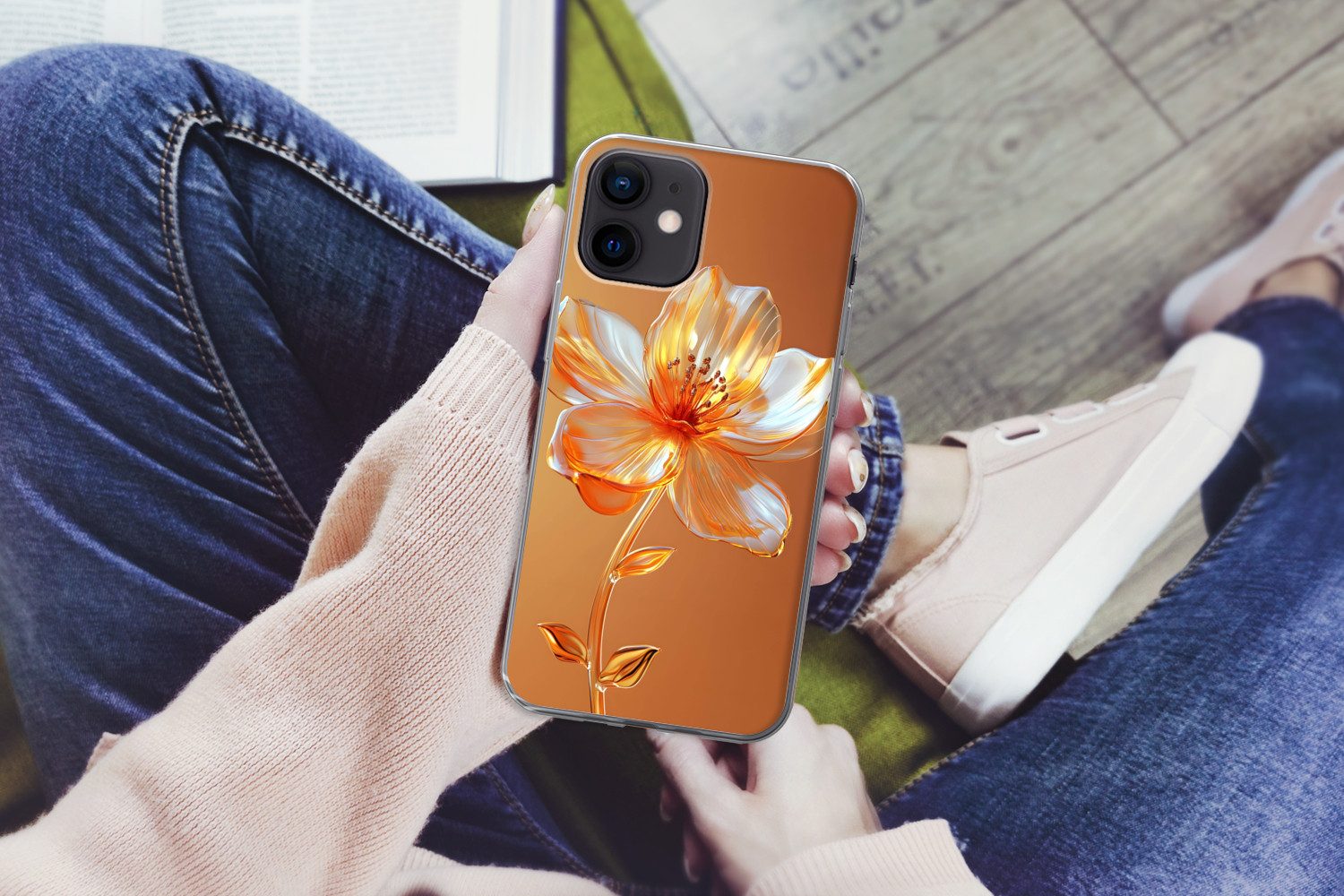 MuchoWow Handyhülle für Apple iPhone 12 Mini Gläser - Blume - Orange, Smartphone-Bumper, Print, Handy Schutzhülle Dünn