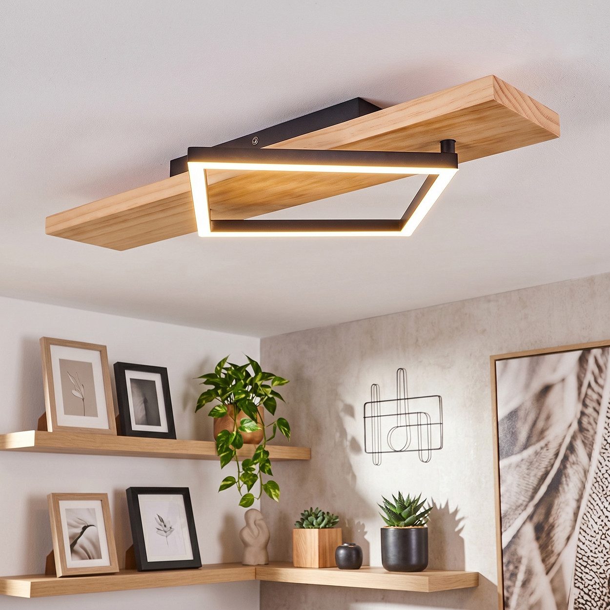 hofstein Deckenleuchte Deckenlampe aus Metall/Holz/Kunststoff in Naturfarben/Schwarz/Weiß, ohne Leuchtmittel, 3000 Kelvin, Leuchte im modernen Design, 13 Watt, 1750 Lumen, 3000 Kelvin