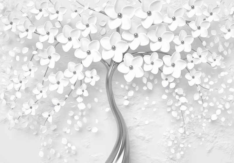 Wallarena Fototapete 3D EFFEKT Blumen Baum Silber Abstrakt Moderne Vlies Tapete für Wohnzimmer oder Schlafzimmer Vliestapete Wandtapete Motivtapete, Glatt, 3D-Optik, Vliestapete inklusive Kleister