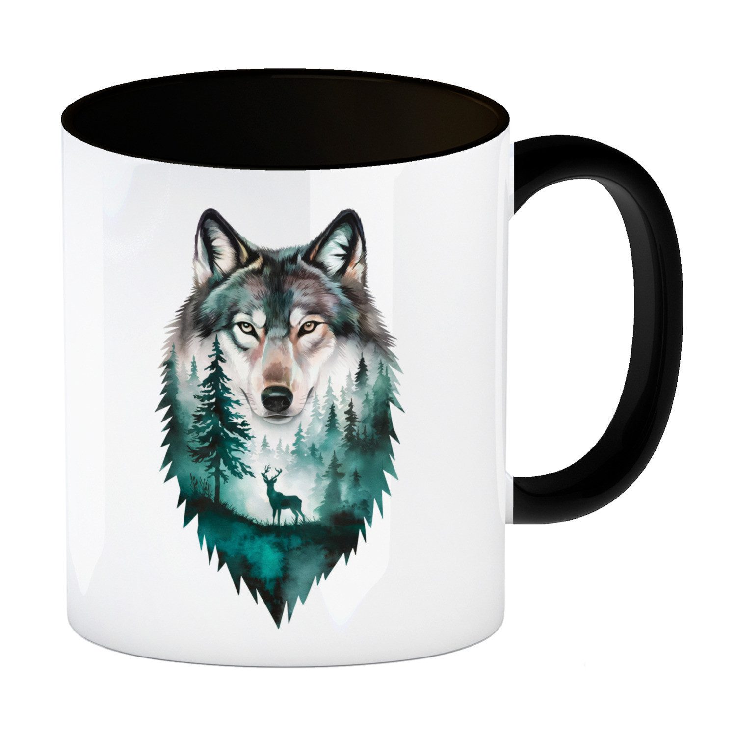 speecheese Tasse Naturfreunde Kaffeebecher in schwarz Wolf Wald Hirsch Design