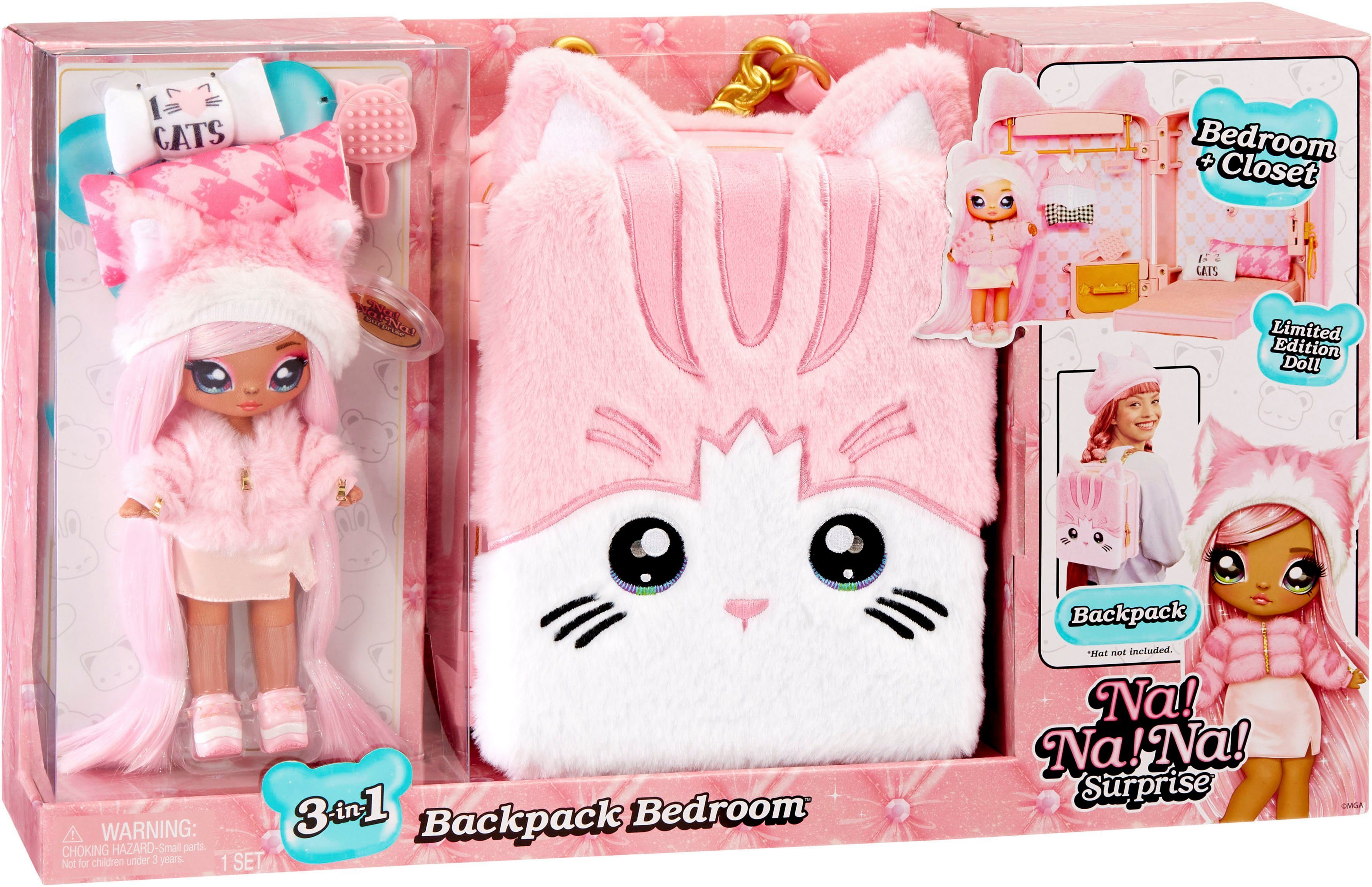 MGA ENTERTAINMENT Puppenmöbel 3-in-1 Backpack Bedroom Series 3 Playset - Pink Kitty, Na!Na!Na! Surprise