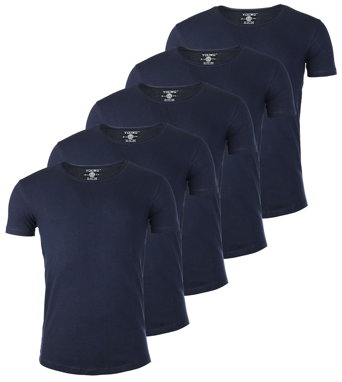 Young & Rich T-Shirt Herren Uni Basic 1702 tief-breit geschnittener Ausschnitt vintage Look (5er-Pack, 5-tlg., 5er-Pack) Rundhalsauschnitt unifarben kurzarm slim fit