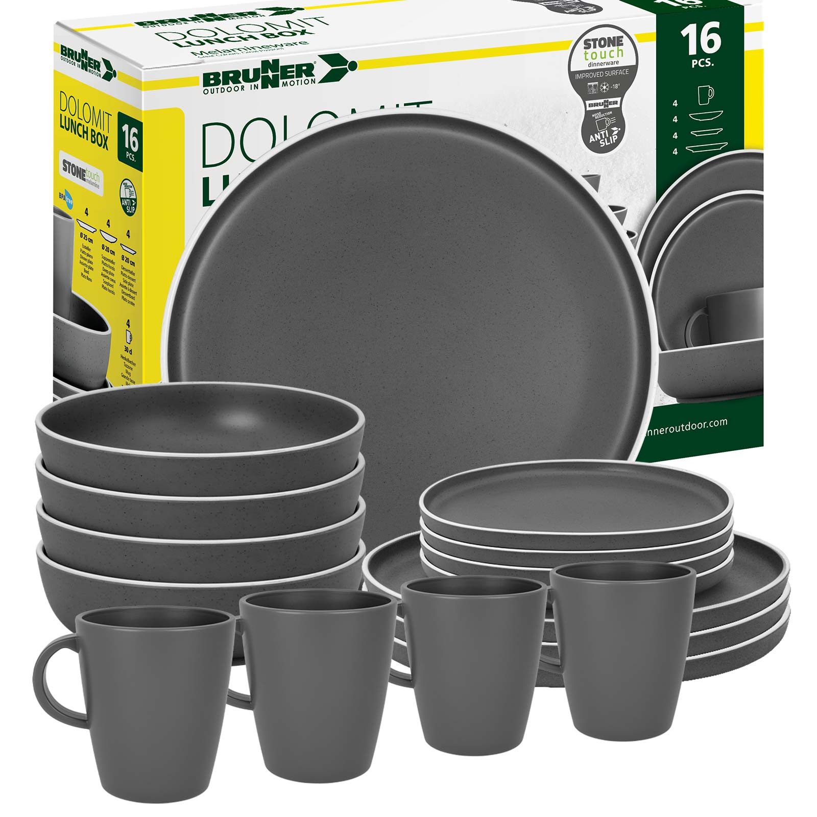 BRUNNER Geschirr-Set BRUNNER Camping Geschirrset DOLOMIT (12,16,36-tlg) DUNKELGRAU AntiSlip (16-tlg)