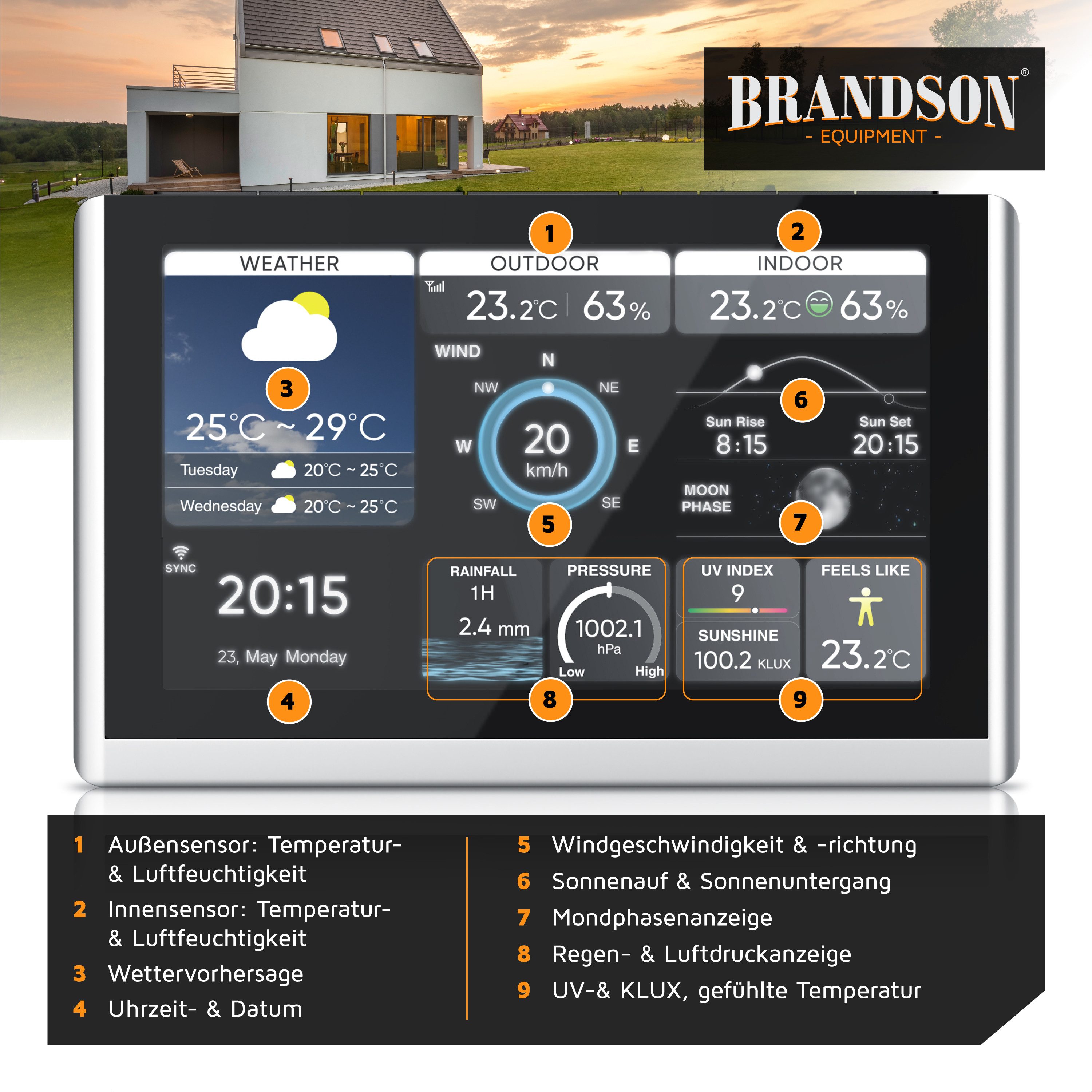 Brandson WIFI / Wlan, mit 7in1 Funk Außensensor, Barometer, Tuya Smart App Wetterstation (mit Außensensor (Temperatur, Luftfeuchtigkeit, Wind, Regen, Luftdruck), Wecker, Wetter Prognose, Temperaturtrend, UV, Mondphase)