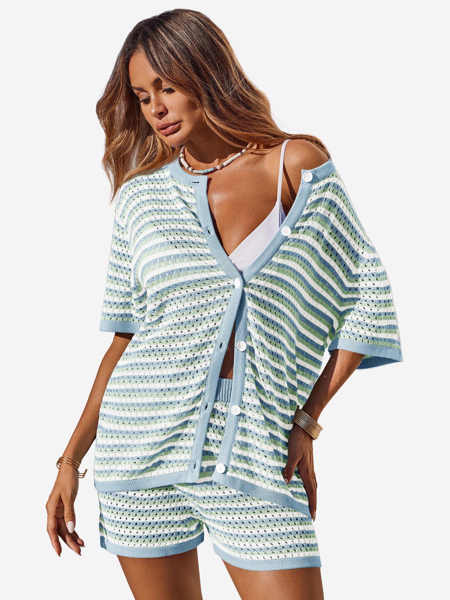 Imily Bela Hausanzug Damen Häkel 2-teiliger Set (Set, 2 tlg., Strick-Shirt + Shorts) gestreiftes – Bild 4 von 5