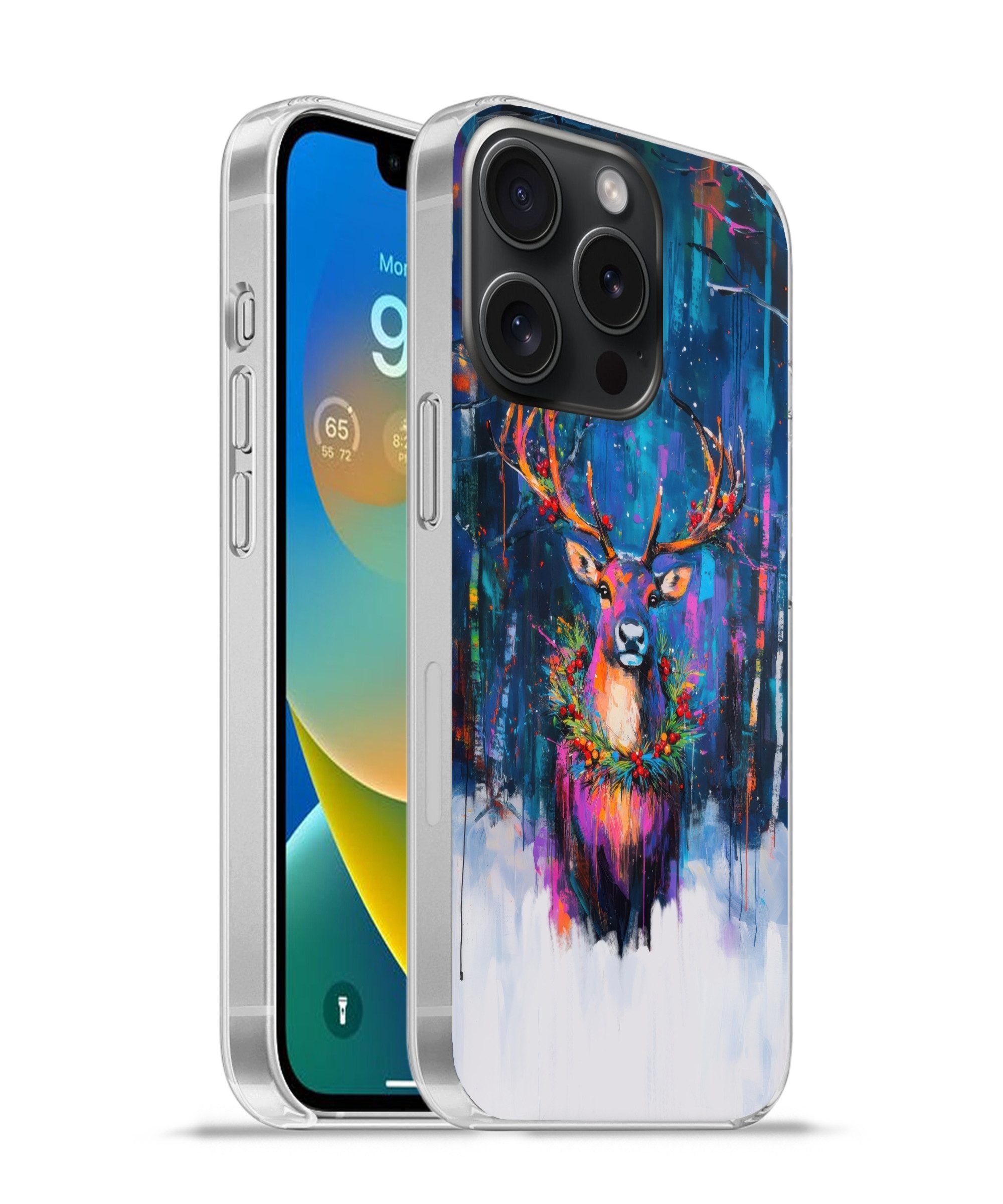 MuchoWow Handyhülle für Apple iPhone 15 Pro Rentier - Kranz - Märchenhaft - Blau, Smartphone-Bumper, Print, Handy Schutzhülle Dünn