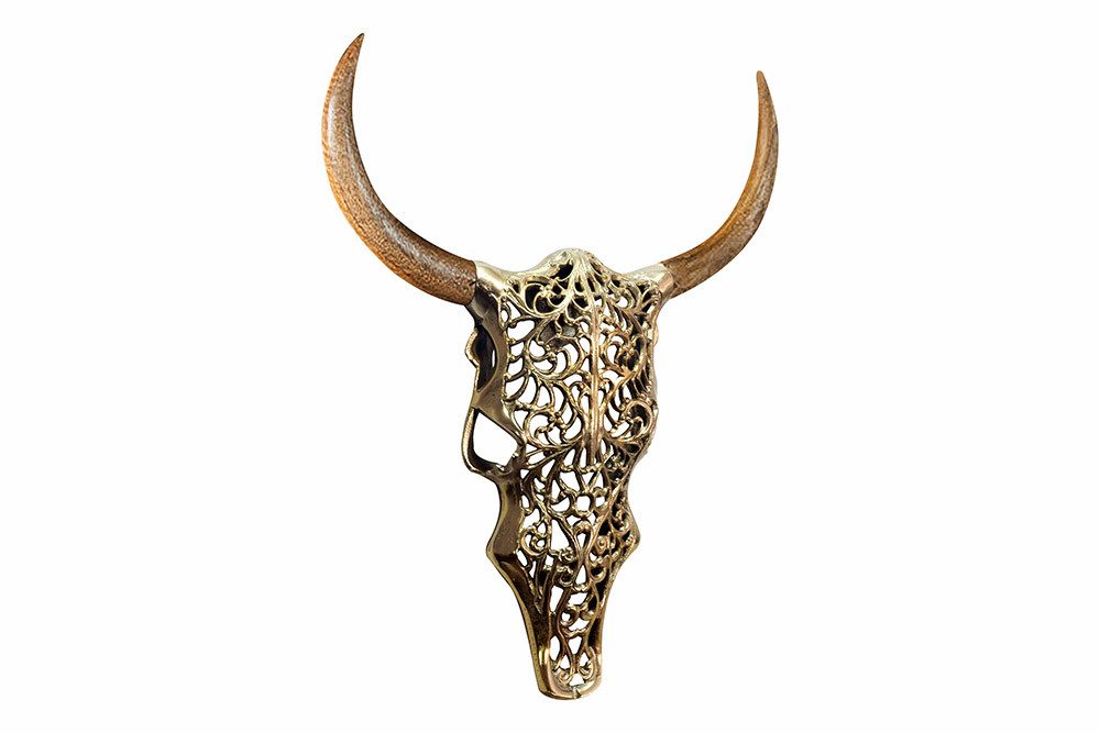 riess-ambiente Wanddekoobjekt EXOTIC BULL 57cm gold/natur - Metall, Mangoholz, Stierkopf, handmade, Tierische Skulptur - ideal für Wohn- und Schlafzimmer oder Flur
