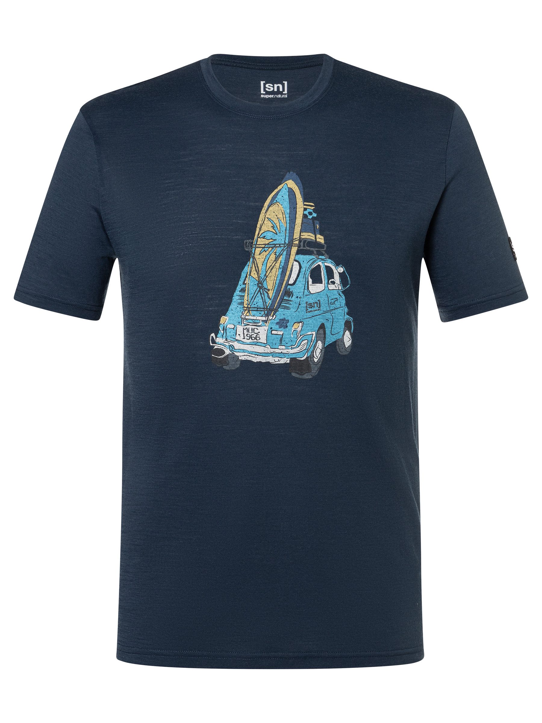 SUPER.NATURAL T-Shirt für Herren,Merino M CAR SURF TEE mit Sommer-Motiv, atmungsaktiv