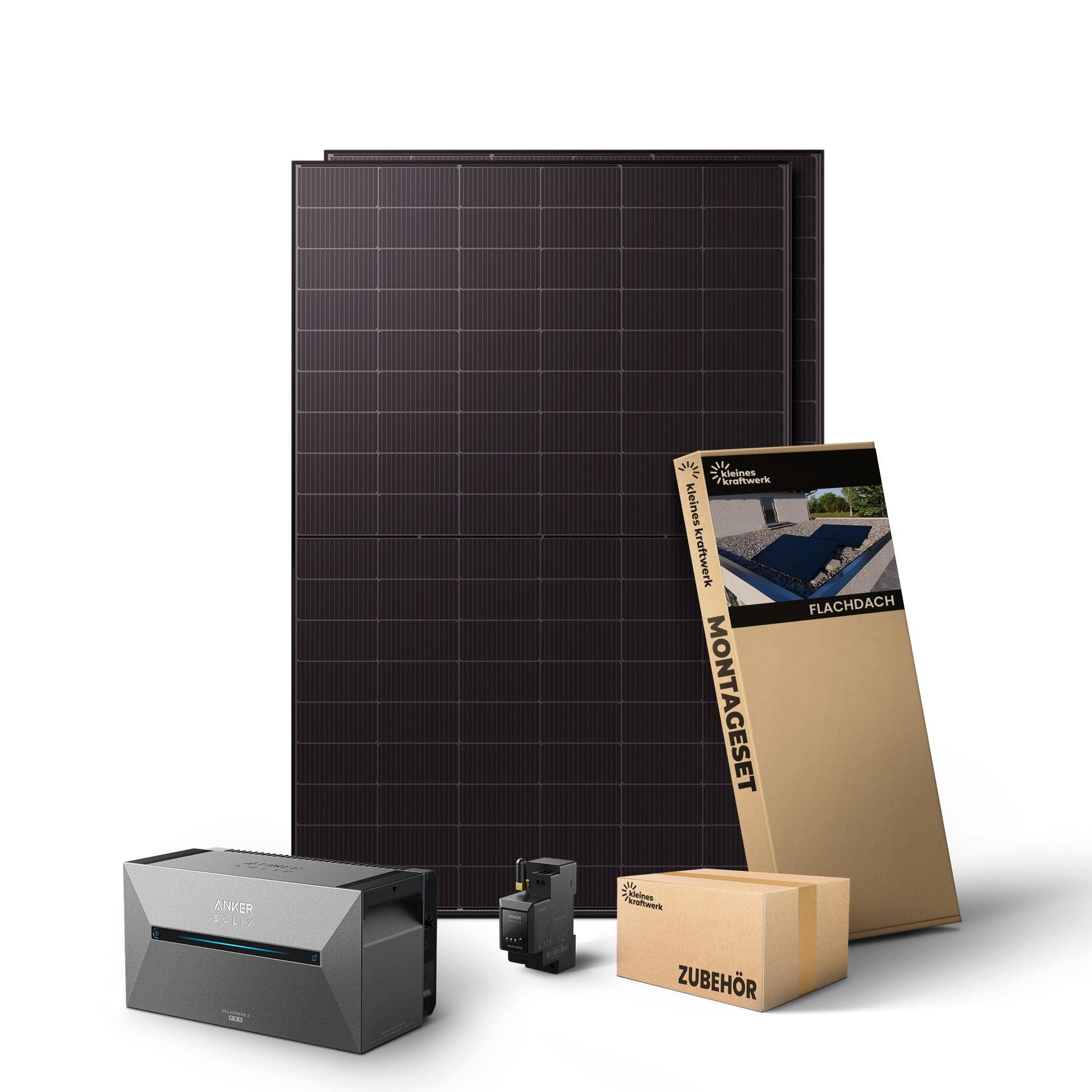 Kleines Kraftwerk Balkonkraftwerk, 1000 W, Monokristallin, (Flachdach/Garten, Solaranlage Komplettset mit Speicher), 2 x 500W, Anker Solarbank 2 Pro, Wechselrichter