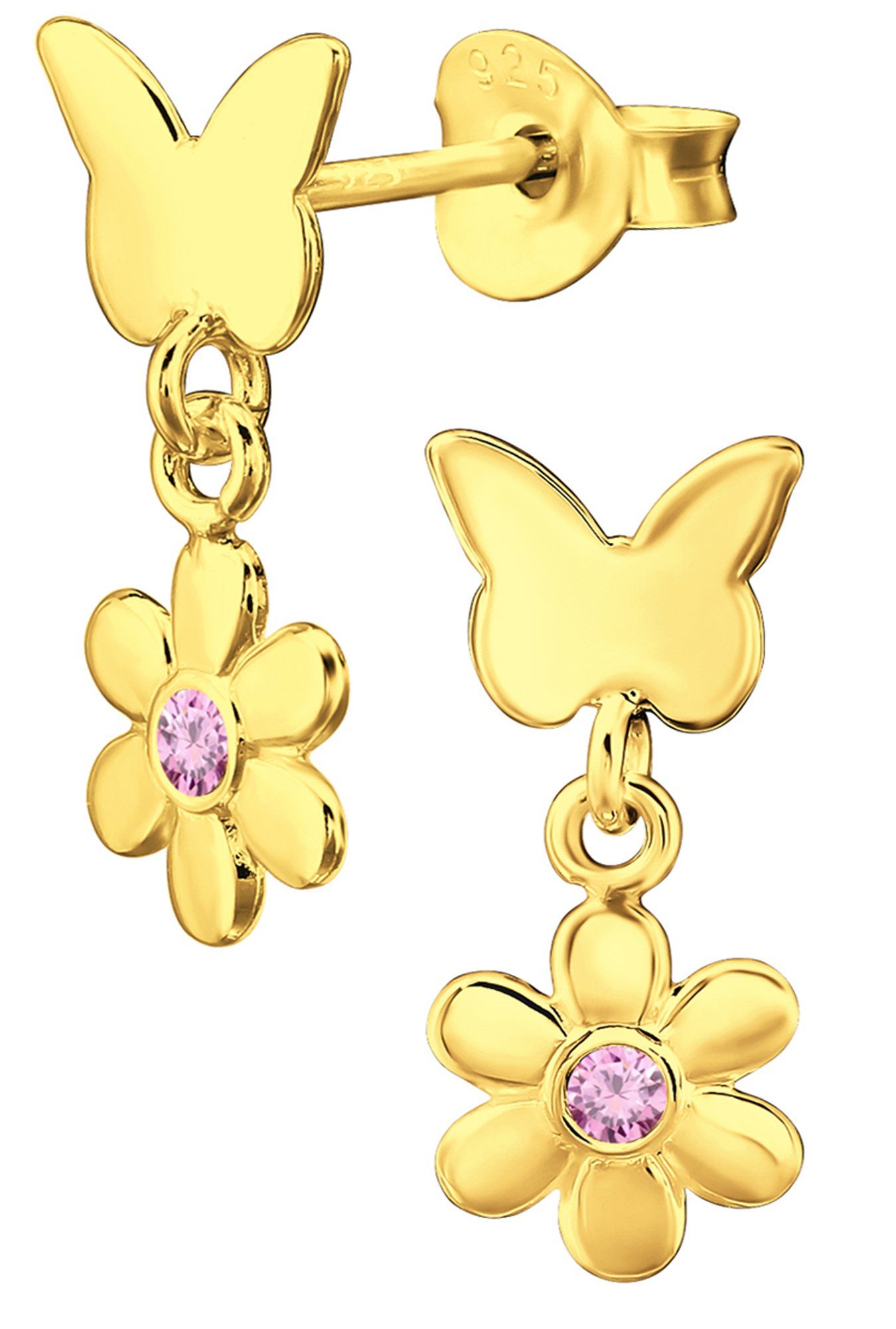 Limana Paar Ohrhänger Mädchen Kinder Silber 925 Gold Schmetterling Blume rosa Ohrstecker, Kinderohrringe Mädchenohrringe mit Zirkonia Geschenkidee Geschenk Idee