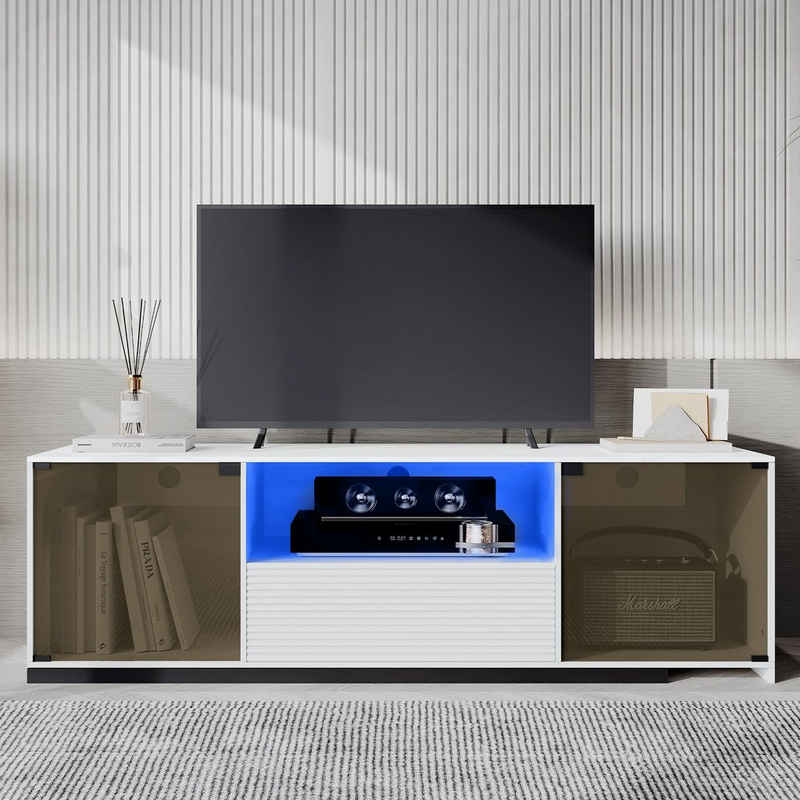 Merax Lowboard mit Glastüren und Schublade inkl. LED-Beleuchtung, TV-Schrank Länge verstellbar, Fernsehtisch, Breite :140cm