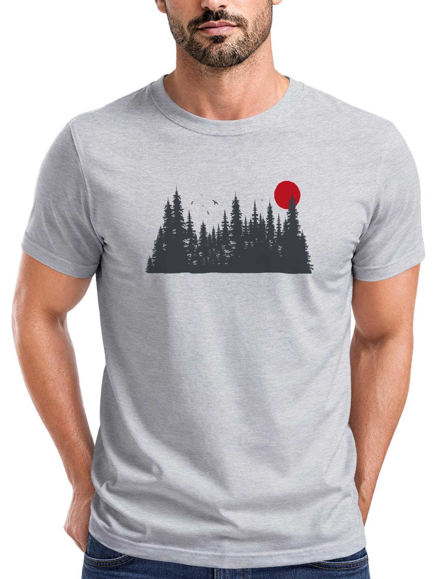 Print-Shirt Herren T-Shirt Motivshirt Frontprint Wald Silhouette Natur Aufdruck