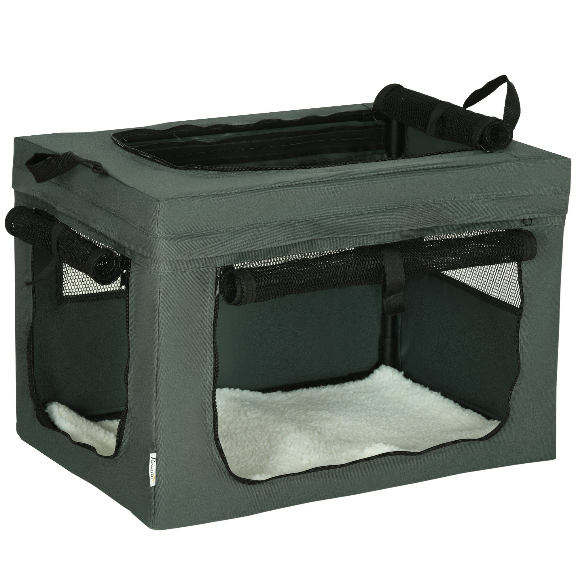 PawHut Tiertransportbox Haustierbox mit Meshfenster bis 4 kg, Grau 60 x 42 x 42 cm