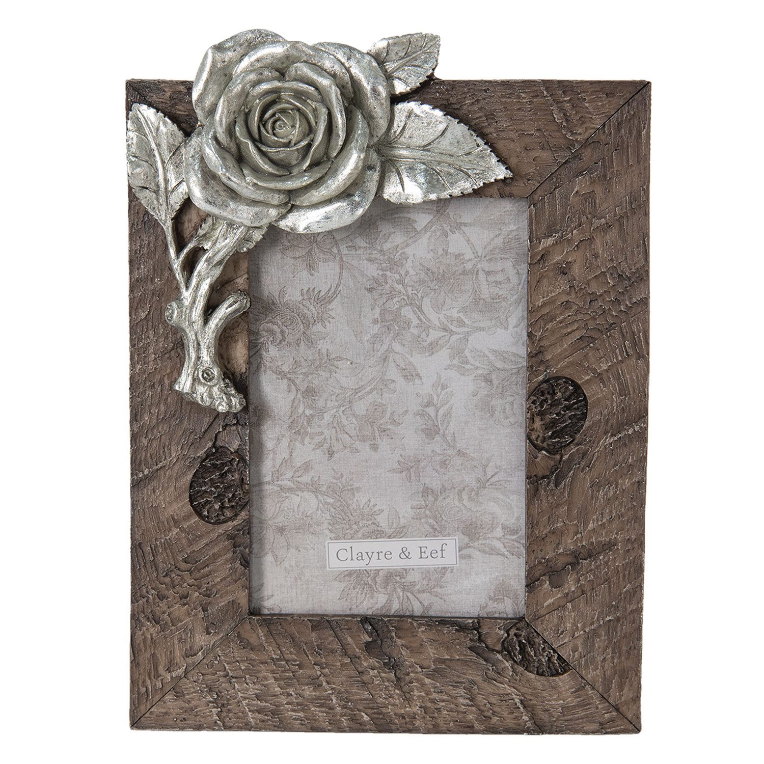Clayre & Eef Bilderrahmen Nostalgischer Bilderrahmen Holz 10x15 Rose Fotorahmen, für 1 Bilder, Dekorative Rose mit Blättern aus Polyresin