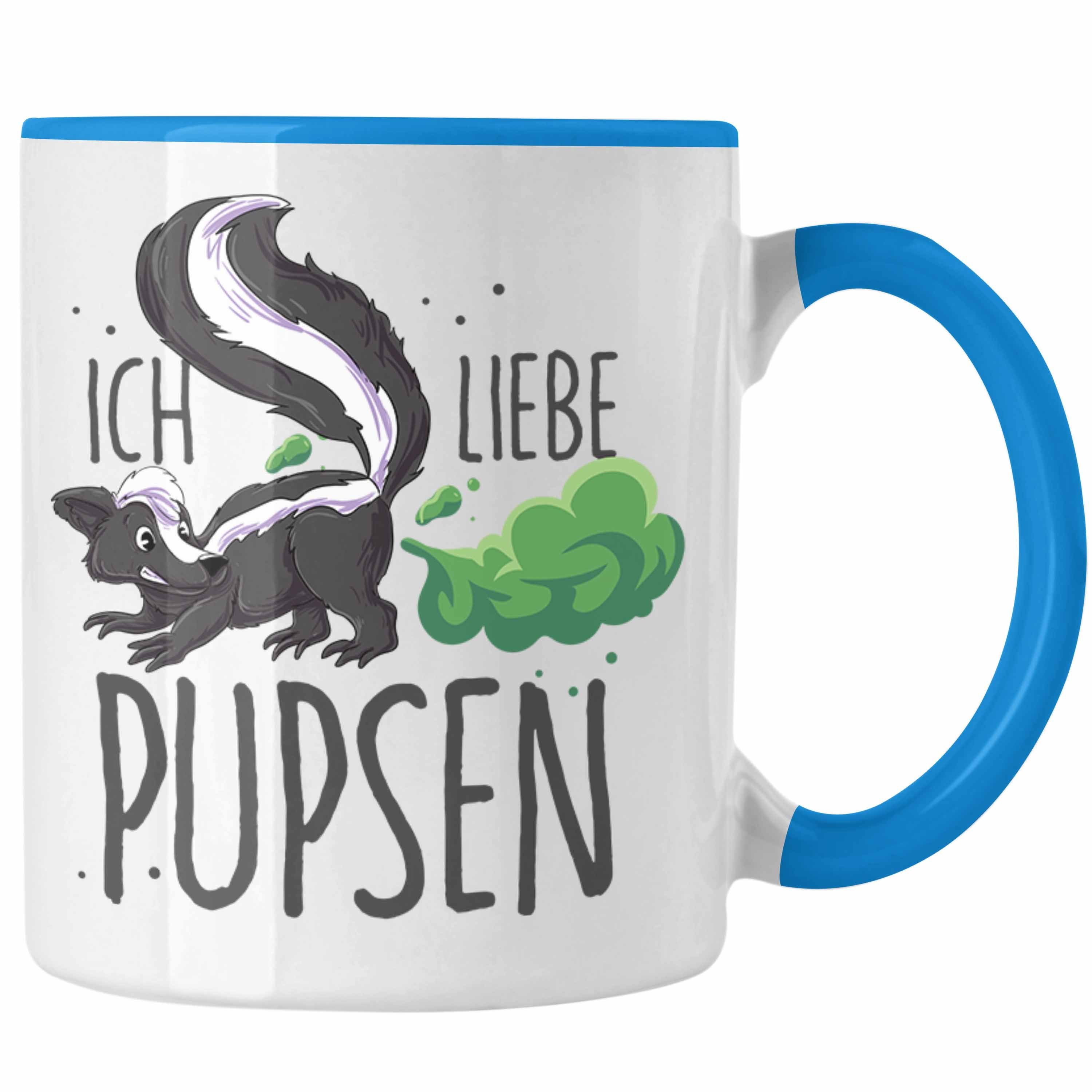 Trendation Tasse Lustige Tasse "Ich liebe Pupsen" mit Stinktier-Motiv Geschenkidee Gebu Blau