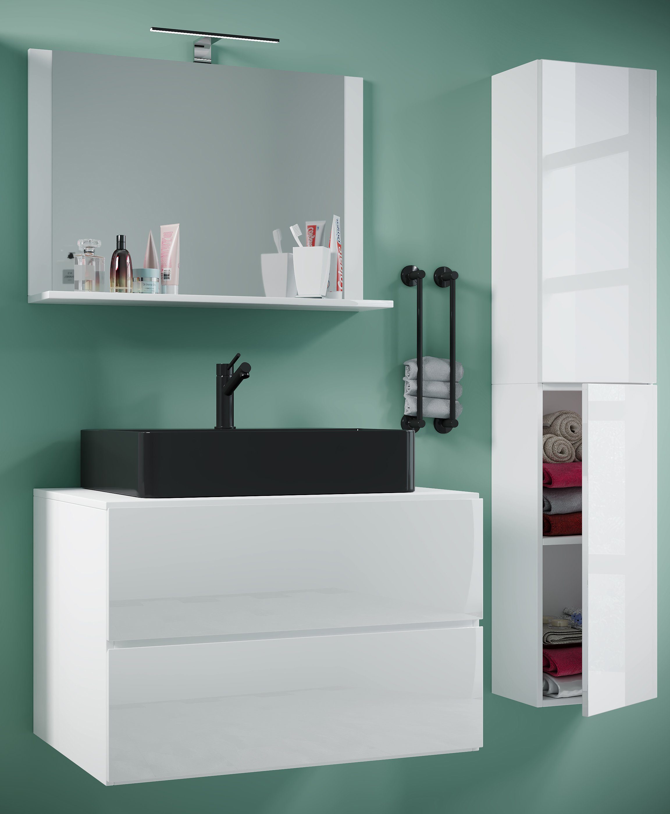 VCM Waschtisch 4 teilig Badmöbel-Set Waschplatz Lendas (Set, 4-St., 1x Unterschrank 1x Waschbecken 1x Spiegel 1x Hochschrank)