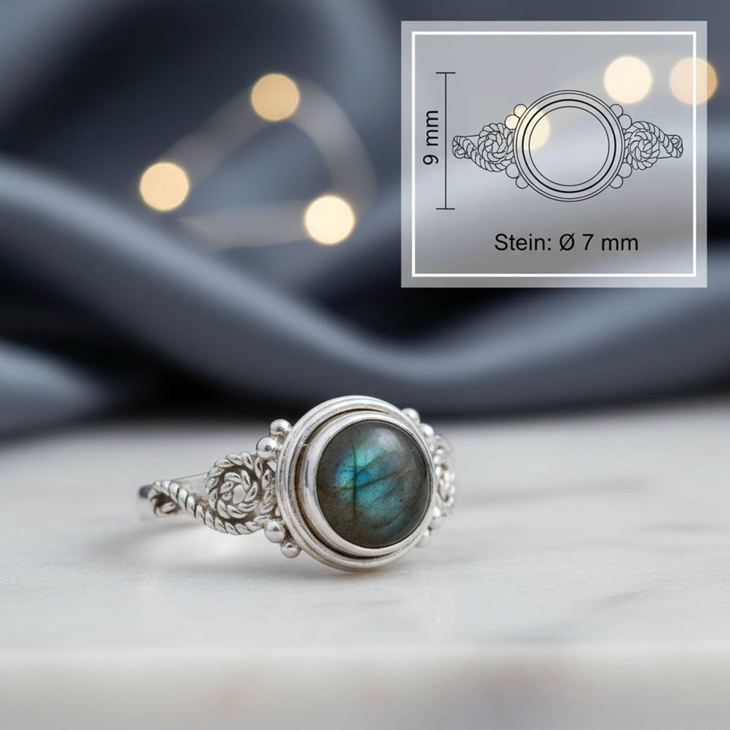 mantraroma Silberring WATU aus 925 Silber mit Labradorit (Ring mit Schmuckbeutel), Damenring aus 925er Silber