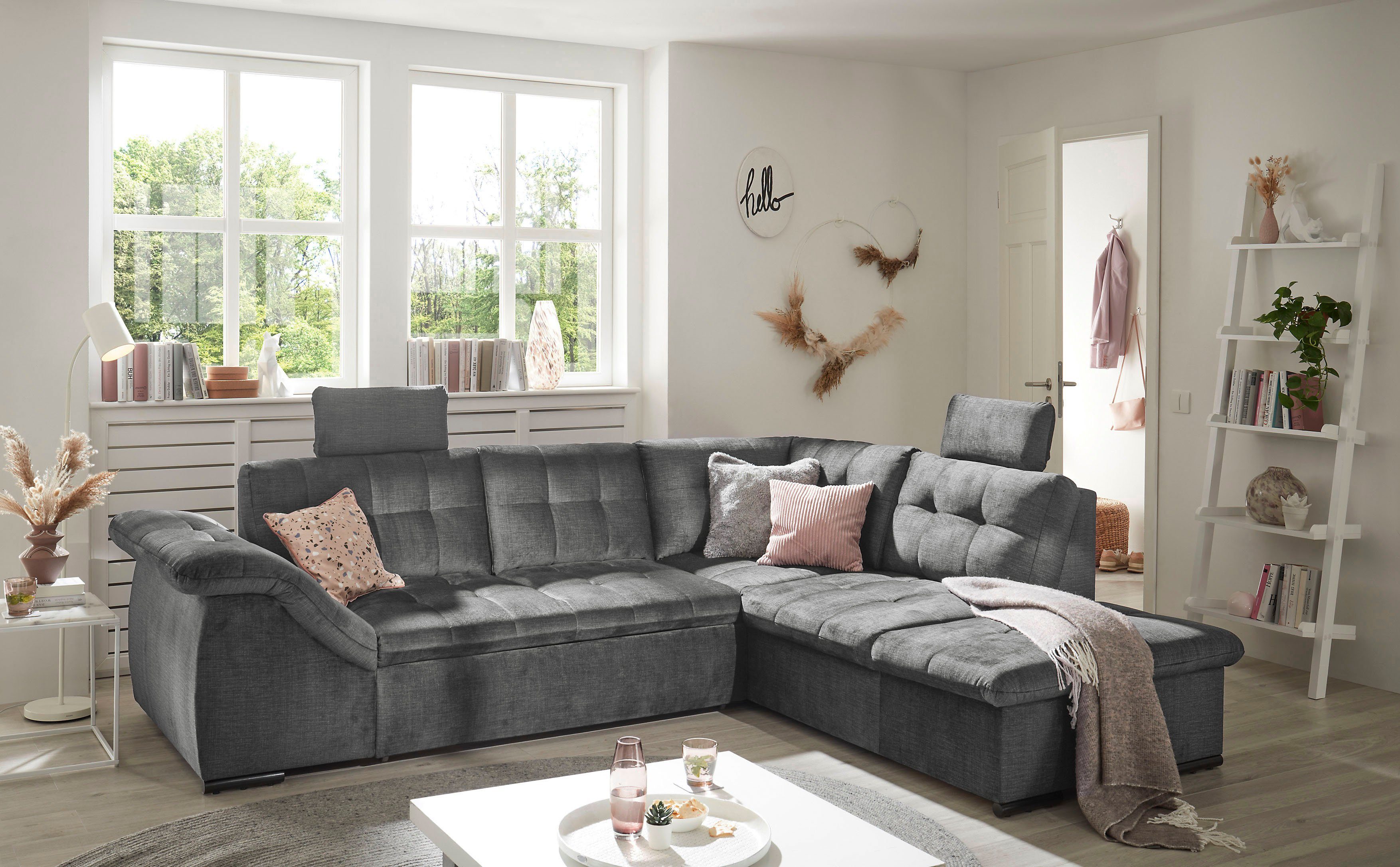 ED EXCITING DESIGN Ecksofa Estrella L-Form, mit Bettfunktion, Bettkasten, Armteilverstellung & Kopfstützen