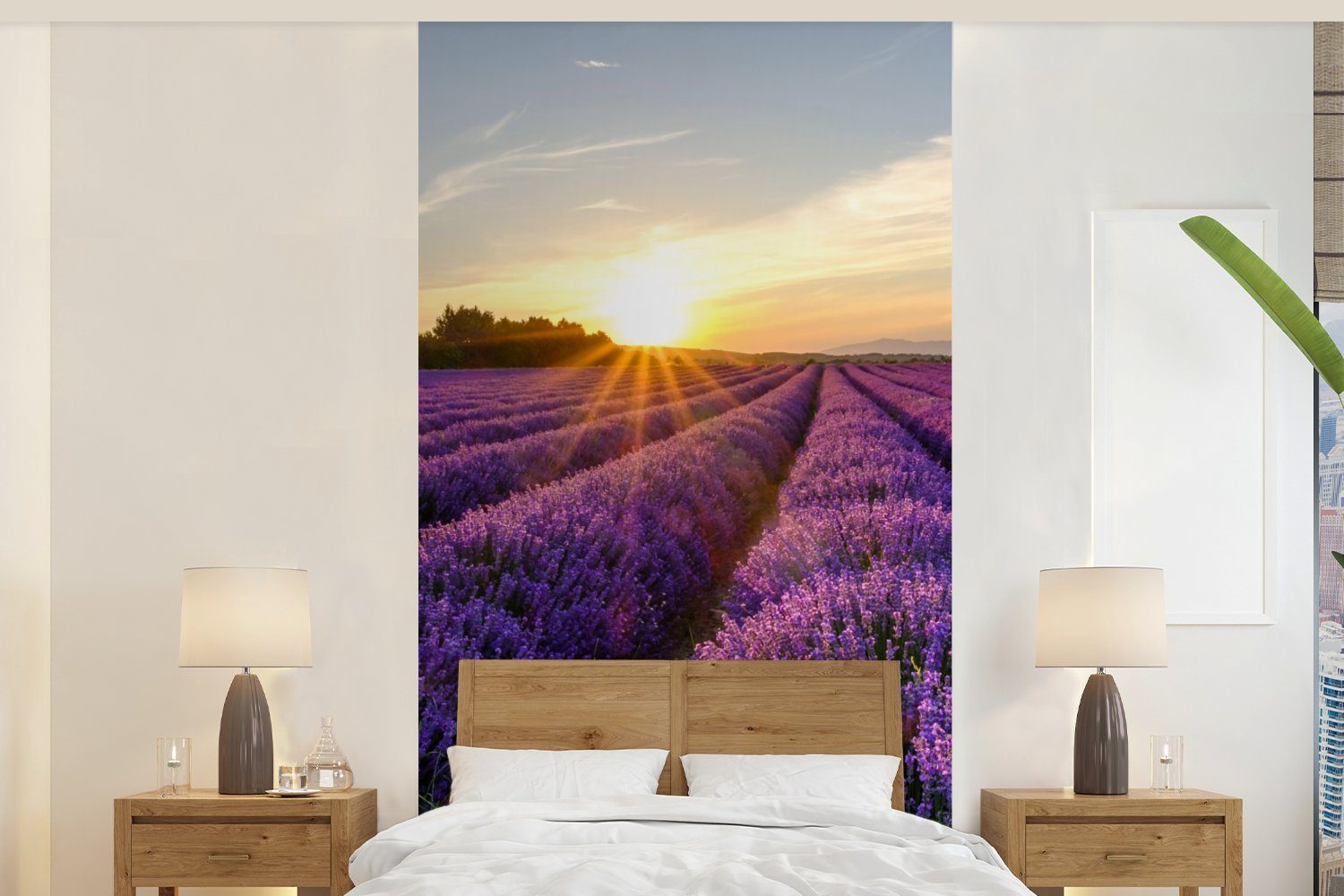 MuchoWow Fototapete Lavendel - Blumen - Sonnenuntergang - Lila, Matt, bedruckt, (2 St), Vliestapete für Wohnzimmer Schlafzimmer Küche, Fototapete