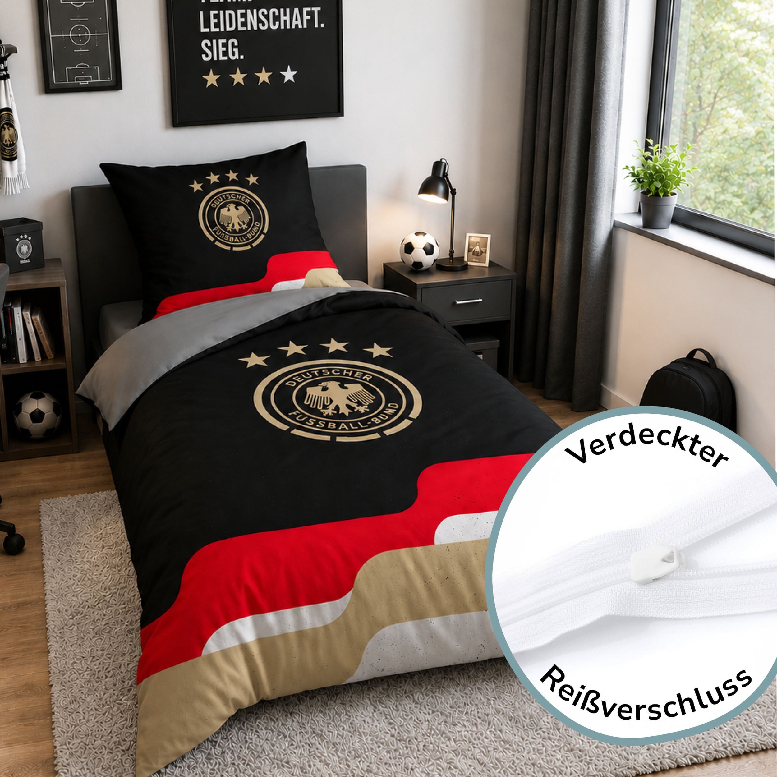 Deutscher Fußball-Bund Bettwäsche DFB Deutscher Fussball Bund, 100% Baumwolle, 135x200 80x80cm, Renforcé, 2 teilig, mit Querstreifen in Deutschland Farben – Bild 5 von 5