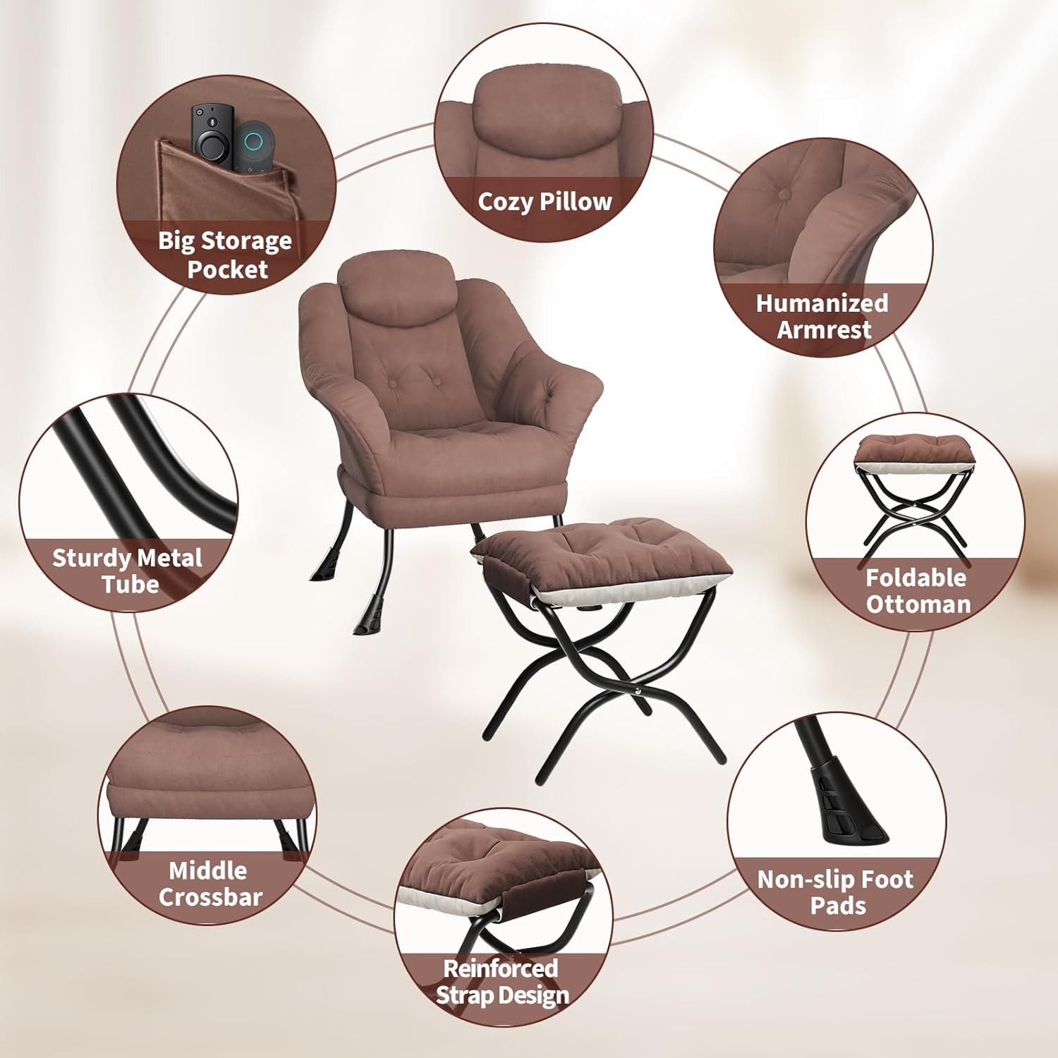 GarveeMore Ohrensessel mit klappbarem FußHocker,bequeme Lounge-Sessel, Relaxsessel für kleine Wohnungen,Wohnzimmer und Schlafzimmer