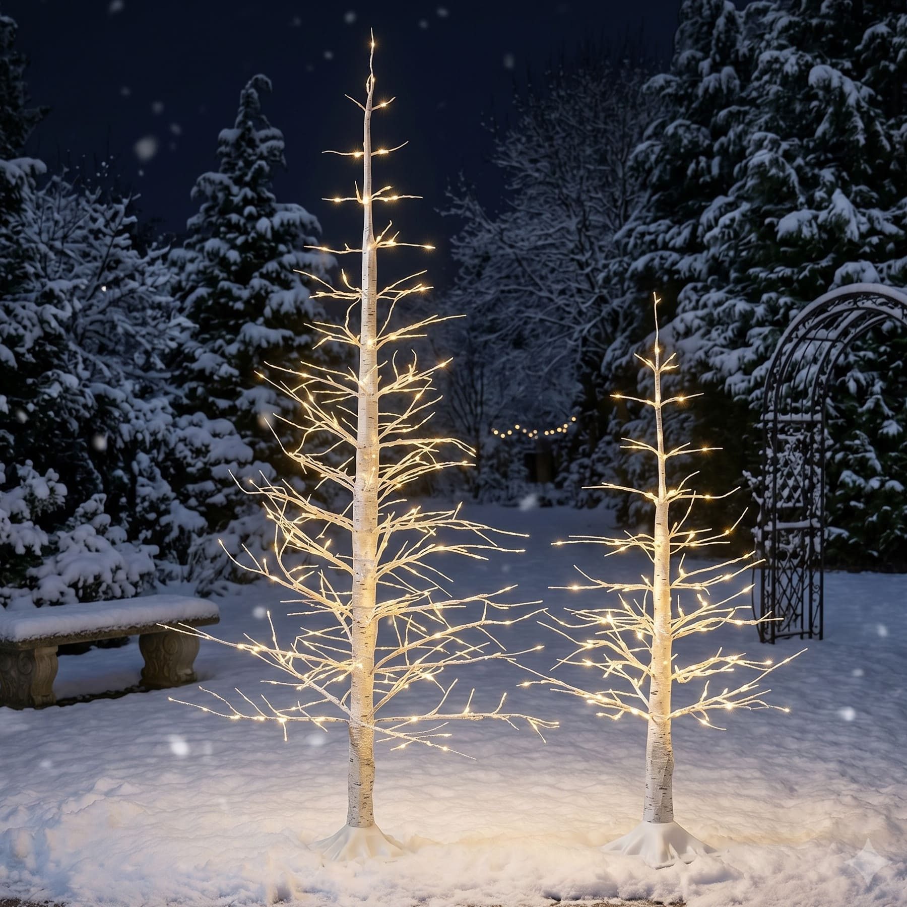 Frank Flechtwaren LED Baum "White Christmas" Kunststoff LED-Tanne weiß, Lichterbaum, Leuchtbaum, LED fest integriert, 2er Set künstlicher Weihnachtsbaum 90 + 150 cm hoch