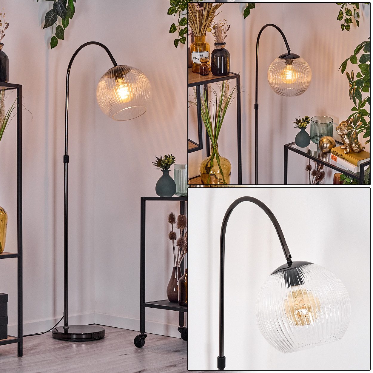 Stehlampe Stehlampe aus Metall/Riffelglas in Schwarz/Chrom/Klar im Retro-Design