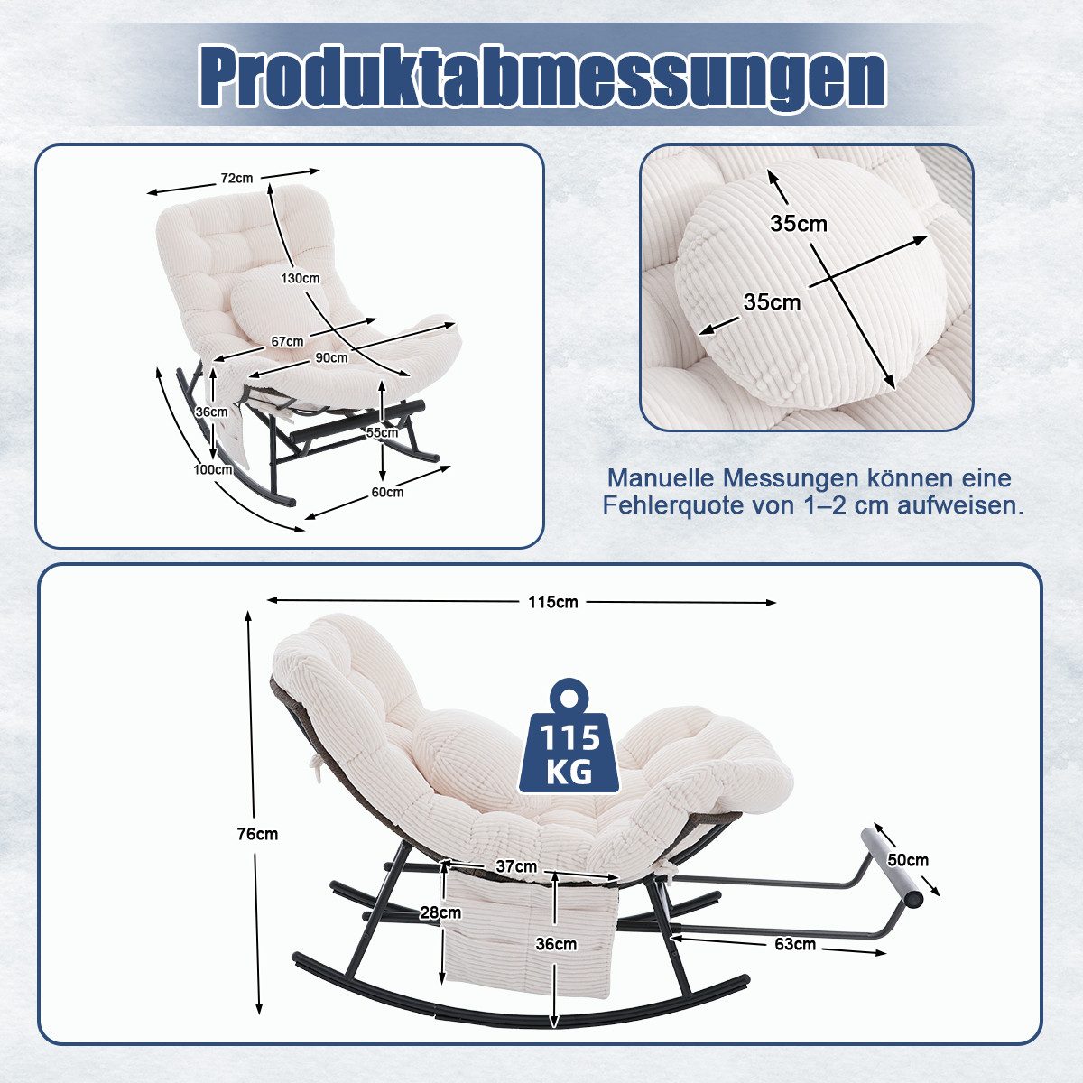 LVHOM Schaukelstuhl ausziehbarer Fußstütze, dick gepolstert, Metallgestell, In-/Outdoor (zusätzliches Zierkissen, Seitentaschen, ergonomisches Design, Sitzmöbel/Liegeschaukel/Relaxsessel/Wohnaccessoire, 120kg Tragfähigkeit), Ideal für Wohnzimmer, Schlafzimmer, Spielzimmer, Arbeitszimmer, Garten