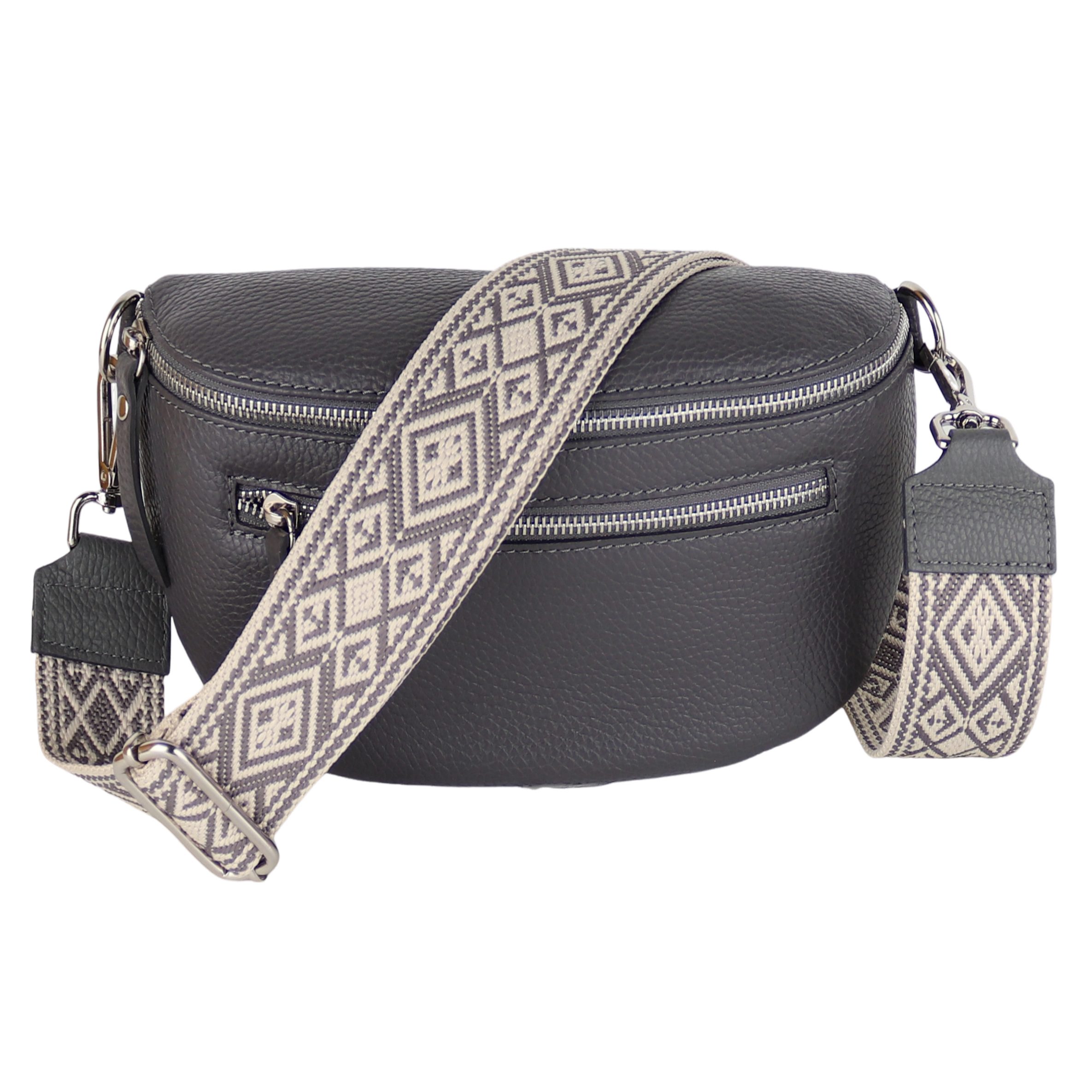 MIRROSI Bauchtasche Damen, Echtleder, Leder, Made in Italy, Umhängetasche, Brusttasche, (Schultertasche für jeden Anlass (1 Tasche & 2 Gurt), Mit zwei Reißverschlüssen, 27x14,5x8cm, BOHO Style), Grau Taupe Crossbody Bag, gemusterten& verstellbaren Schulte
