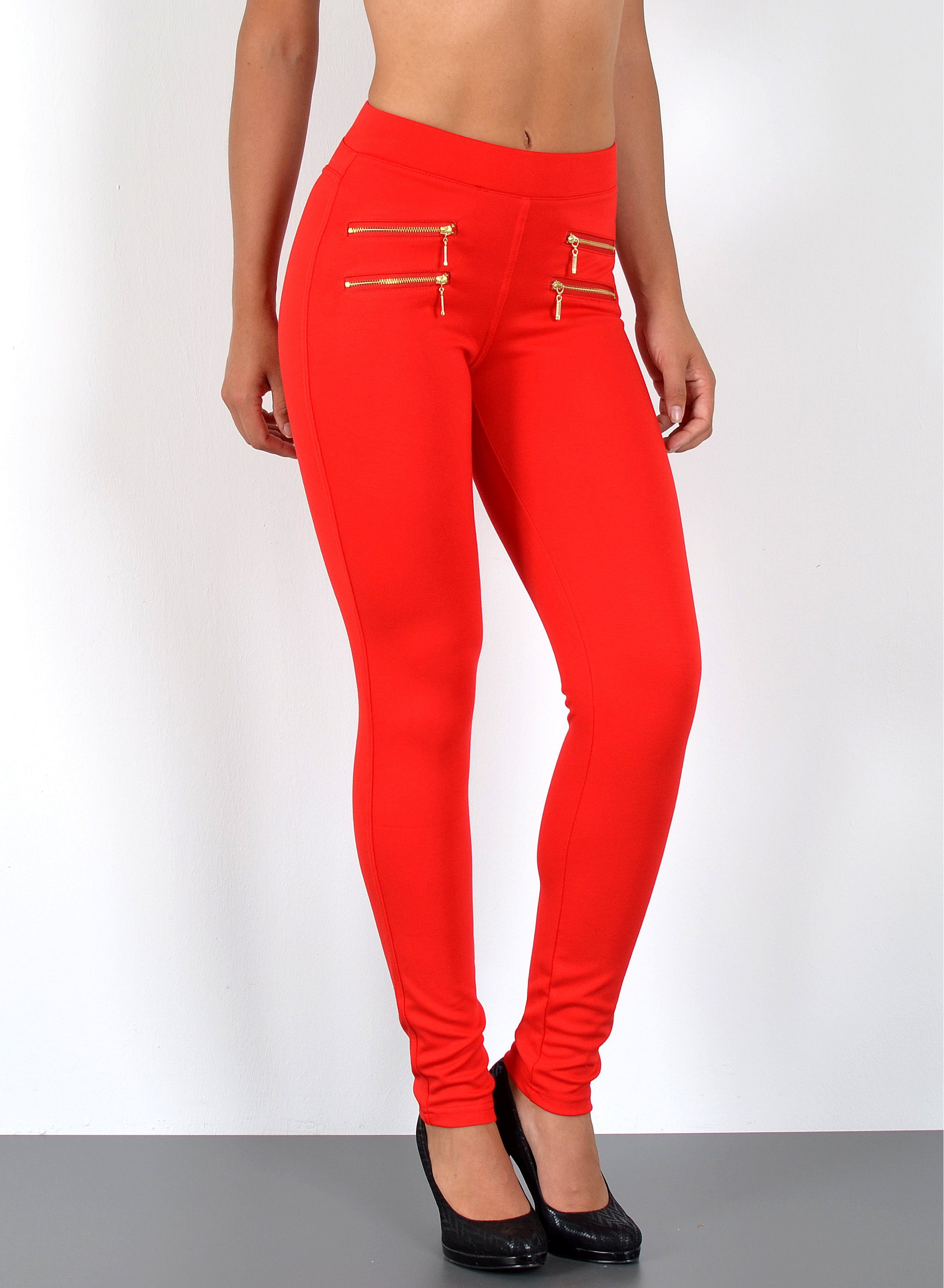 Stretch Größen, / Rot bis Treggings mit bis Gummi-Bund Bund, Stretch-Hose Übergröße ESRA hohe Damen Stretch-Hose Hose Sehr und Hoch-Bund, Damen Damen Leibhöhe J189 elastischem Hose High Skinny mit enge Plussize, Waist Große