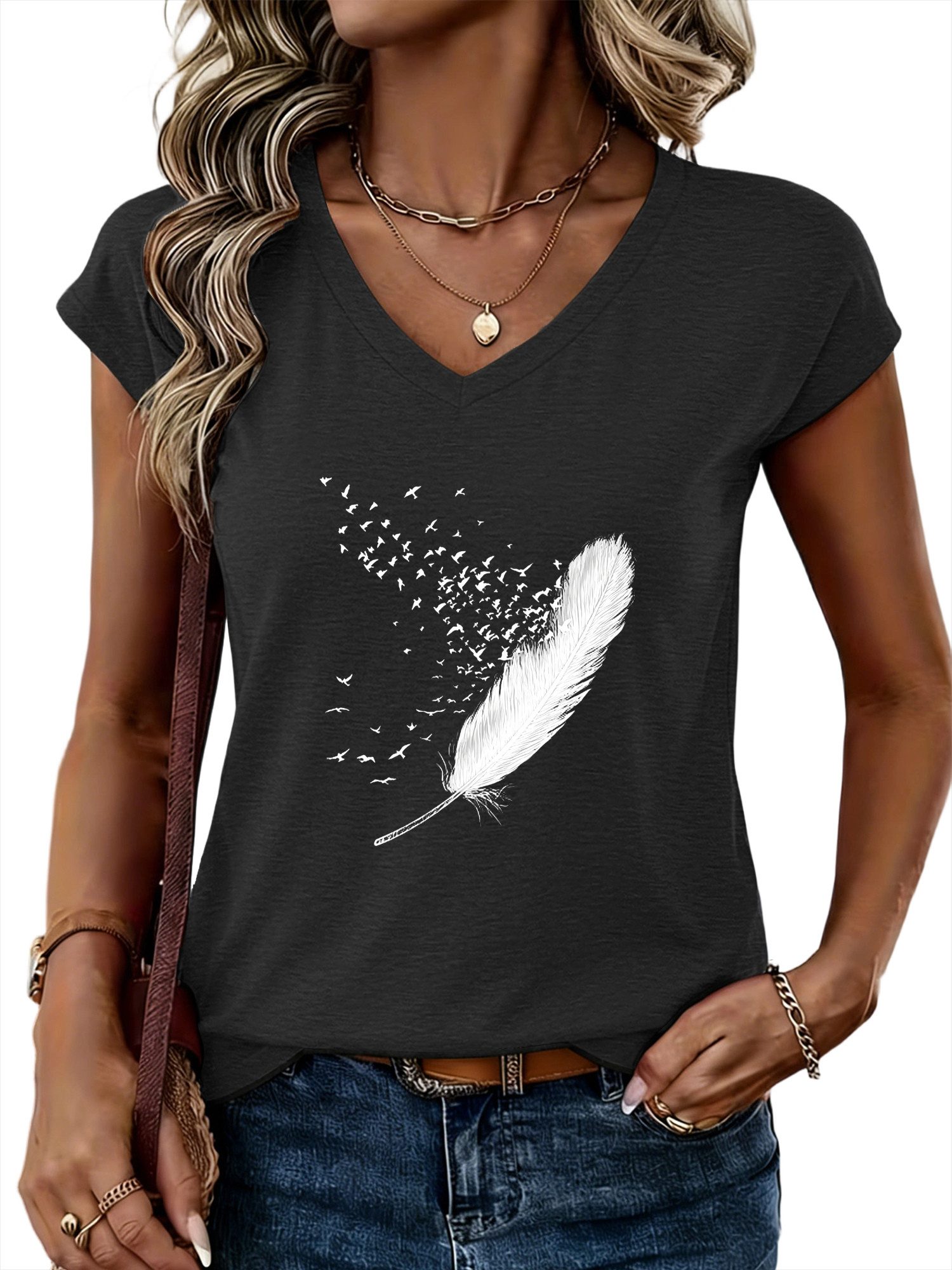PYLIKE Tanktop Damen Sommer Casual bequemes Achselhemd mit Feder Print-Shir günstig online kaufen