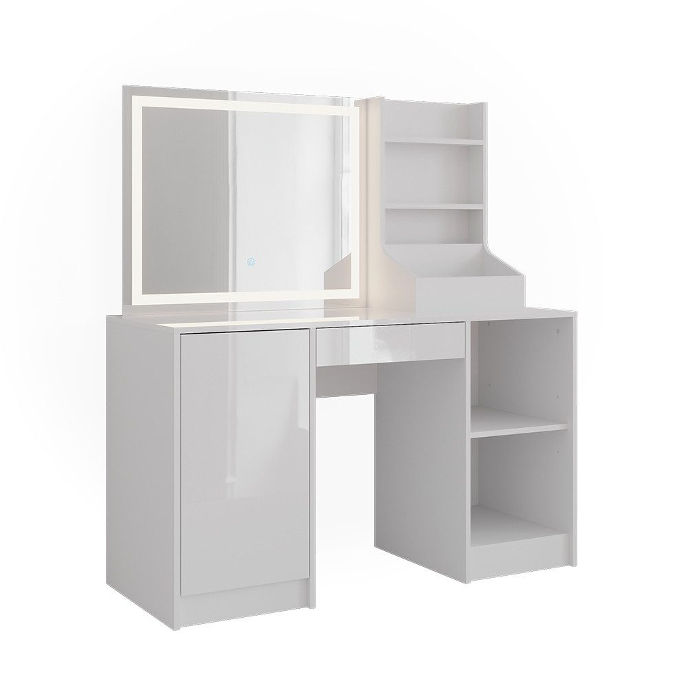 Vicco Schminktisch Sherry, Weiß/Weiß Hochglanz, 128.2 cm mit LED-Spiegel (3-St)