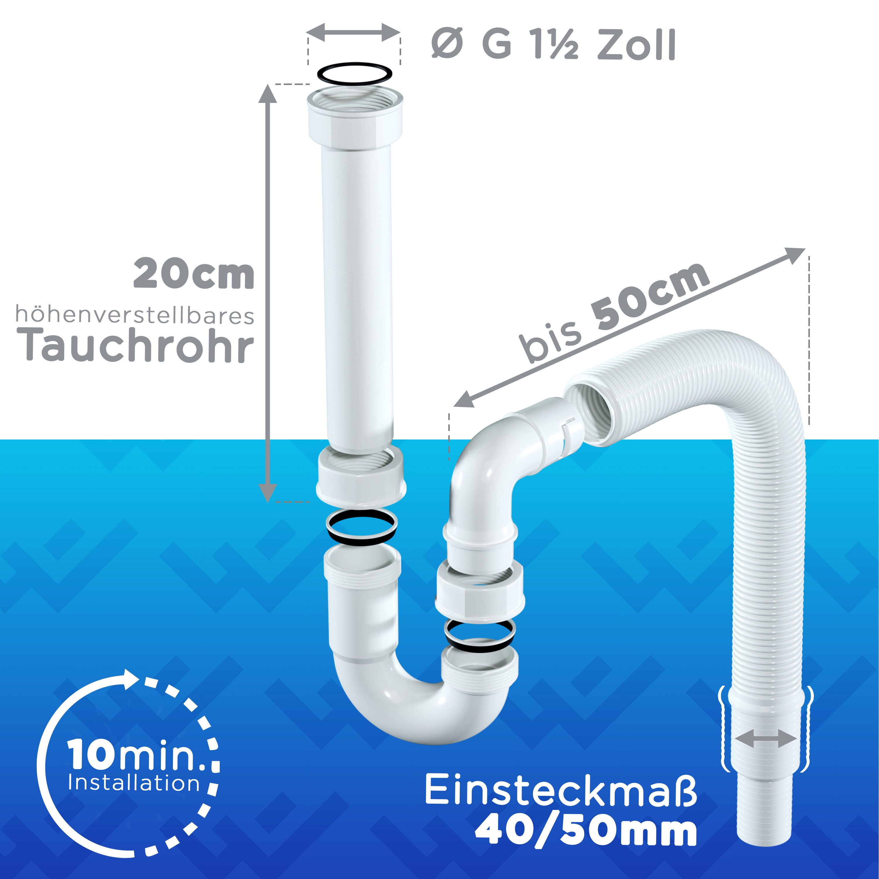 Lobenswerk Siphon Röhrensiphon für Küchenspüle, mit flexiblem Ablaufschlauch, 100% Wasserdicht