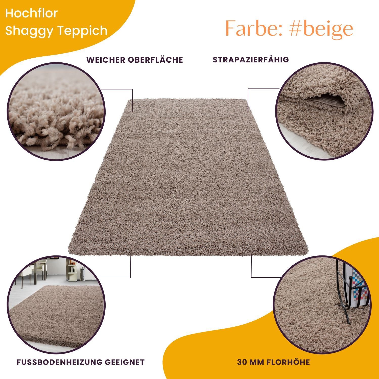Teppium Teppich Unicolor - Einfarbig, Rechteckig, Höhe: 30 mm, Einfarbig Shaggy Teppich Wohnzimmer Langflor versch. farben und größen