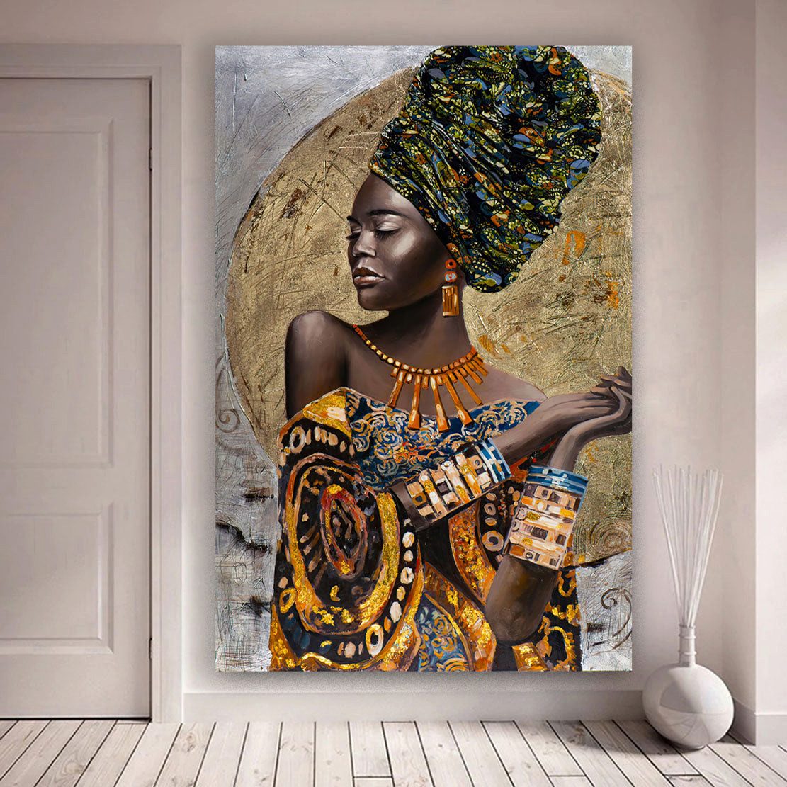 Artedinoi Leinwandbild Afrikanische Frau Turban Gold Gemälde Leinwandbild Wandbild XL, Afrikanische Frau, farbig