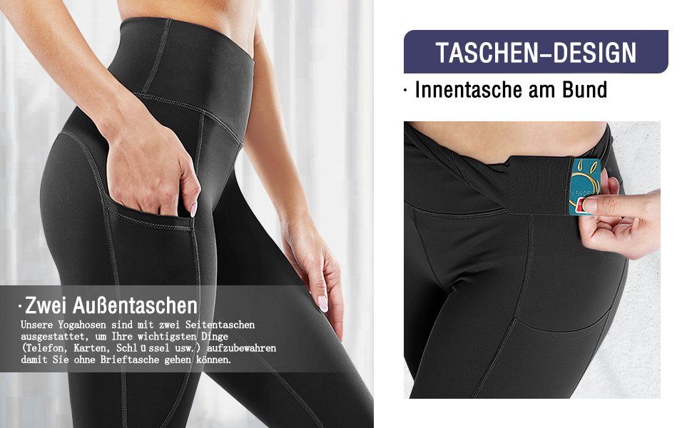 Sporthose mit (1-tlg) Fitnesshose Damen Taschen Highwaist Leggings G4Free Schwarz-706A