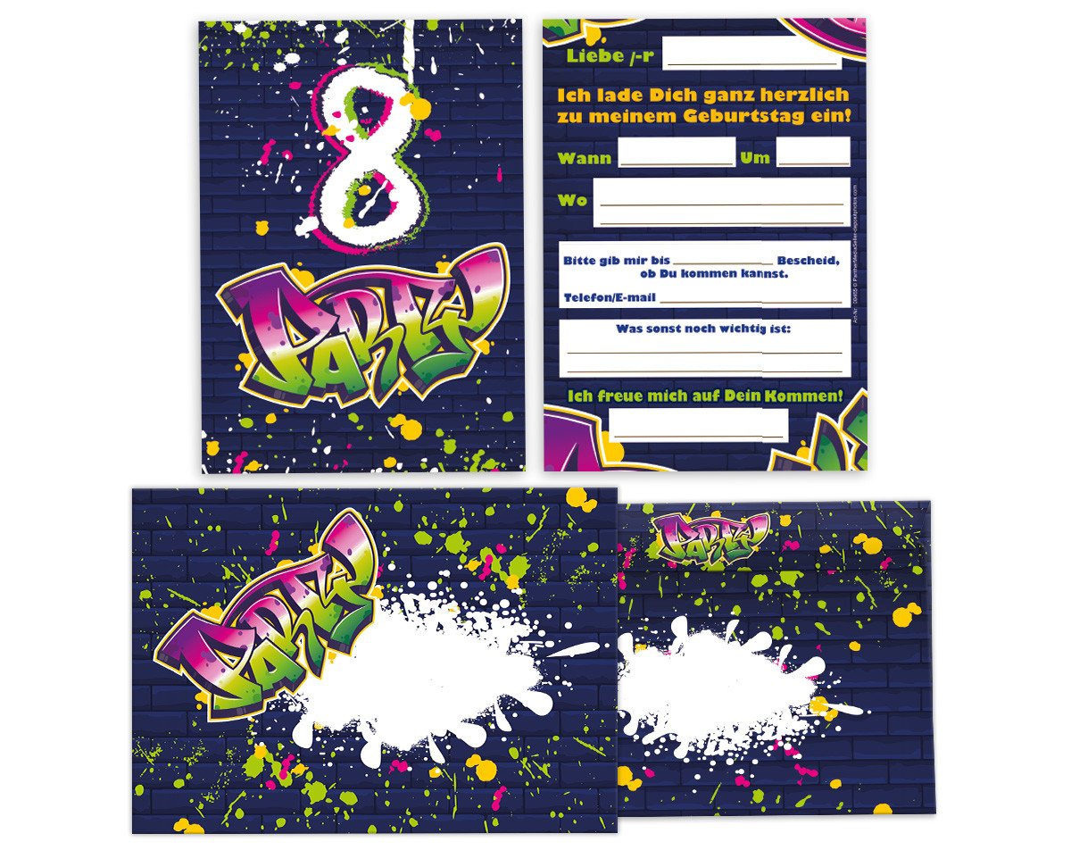 Thumbnail - JUNAPACK Einladungskarten Graffiti zum 8. Geburtstag Einladungen Karten mit Umschlägen Mitgebsel, Mitgebsel Set mit Graf...