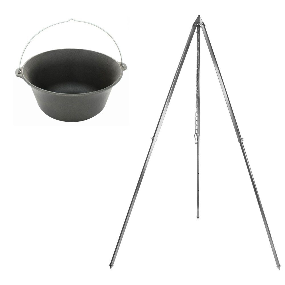 Grillplanet Schwenkgrill Gulaschkessel Set 16 Liter Gusseisen mit Dreibein 2,10 m groß verzinkt, Set