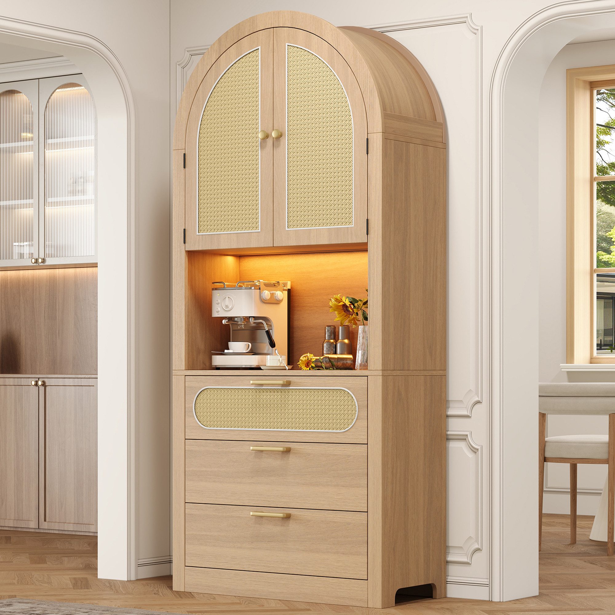 Flieks Hochschrank Küchenbuffet mit LED-Beleuchtung, Rattantüren und 3 Schubladen (Schrank im Landhausstil für Wohnzimmer, Esszimmer, Schlafzimmer, 1-St., 80x35x180 cm) gewölbter Mehrzweckschrank Multifunktionsschrank Vitrine Eichenfarbe