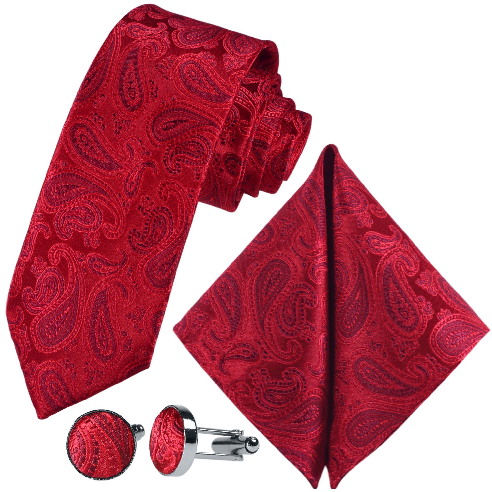 GASSANI Krawatte Hochzeitskrawatte Paisley Festlich, Herren-Krawatte Hochzeit Schlips (Set, 3-St., Krawattenset, Einstecktuch, Manschettenknöpfe) Dünn, Schmal, Slim Tie, Satin Jacquard Floral Gemustert, Seide-Touch Feuerrot Hell-Rot Signalrot Bordeaux-Violett Fuchsia Fuxia