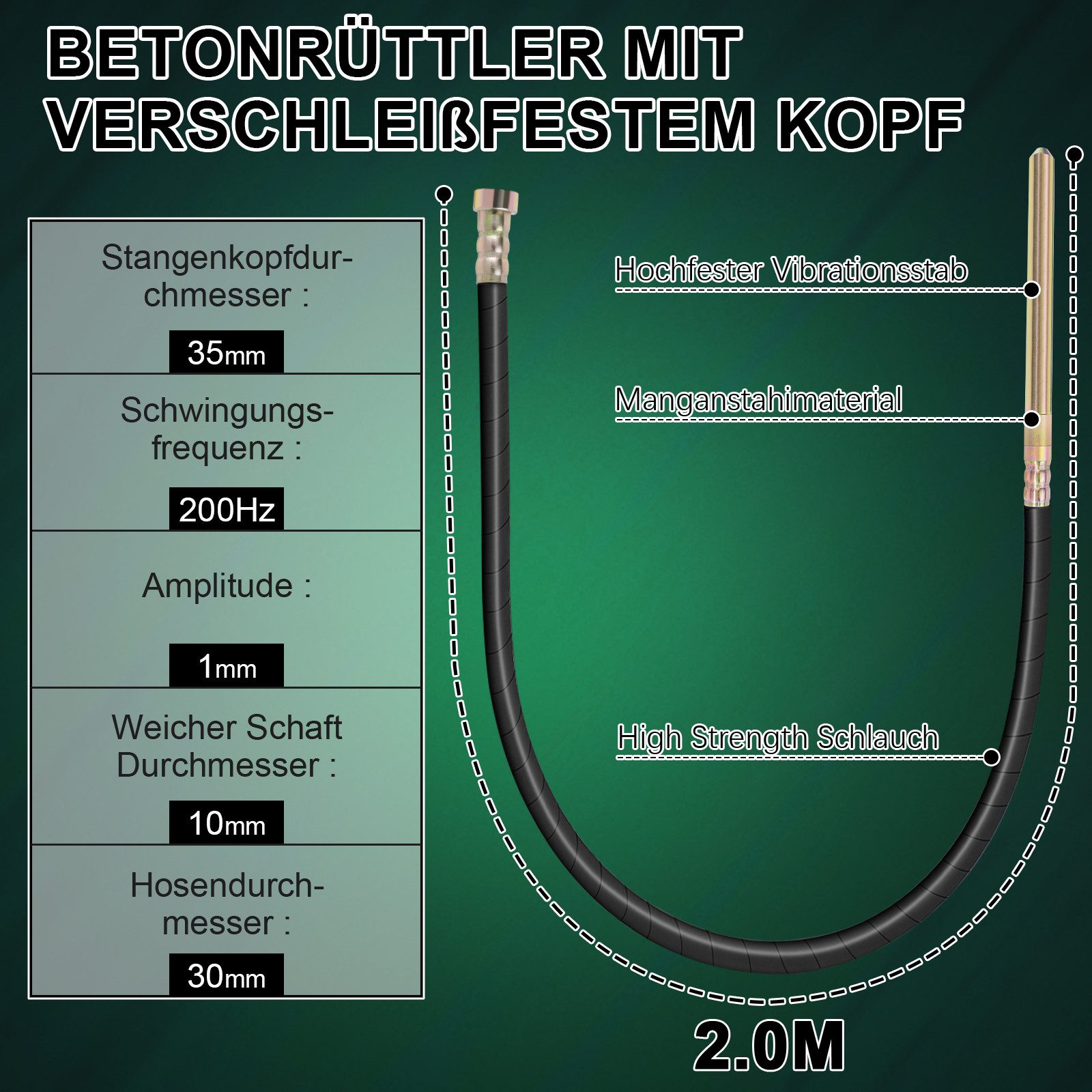 XERSEK Betonverdichter 2M/850W Akku Betonrüttler Rüttelflasche Ø35mm Kompatibel m.Makita Akku, (Max. 6000U/min, Kupfermotor, ABS Gehäuse[ohne Akku und Ladegerät), Betonverdichtung Flaschenrüttler für Fundamente, Wände, Enge Stellen