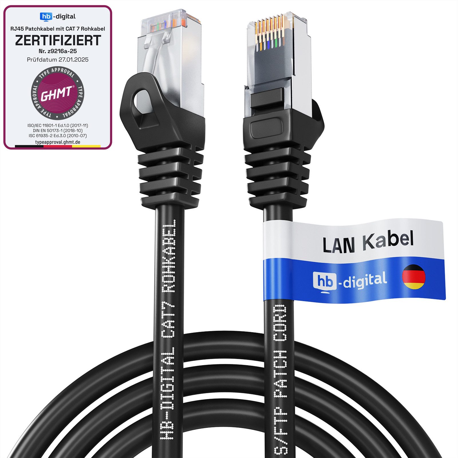 HB-DIGITAL Patchkabel CAT.7 Rohkabel LAN Kabel Cat7 S/FTP PiMF LSZH Netzwerkkabel, Netzwerkstecker, RJ-45 (25 cm), Kontaktoberfläche: Pins Vergoldet 50µ