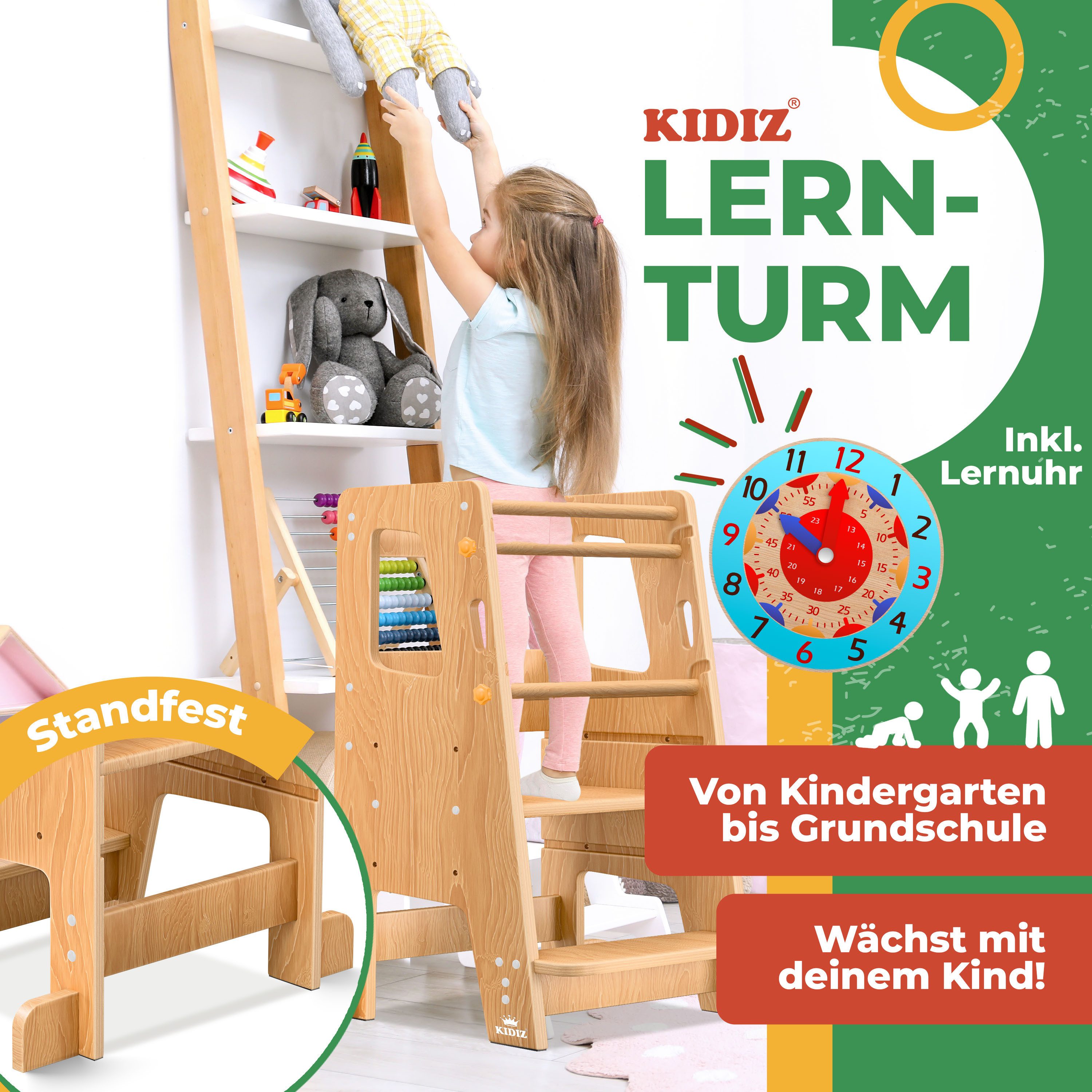 KIDIZ Stehhilfe (Tritthocker inklusive Lernuhr & abnehmbarer Anti-Kipp-Schutz), 3-stufig Höhenverstellbar, spielerisch motorische Fähigkeiten fördern