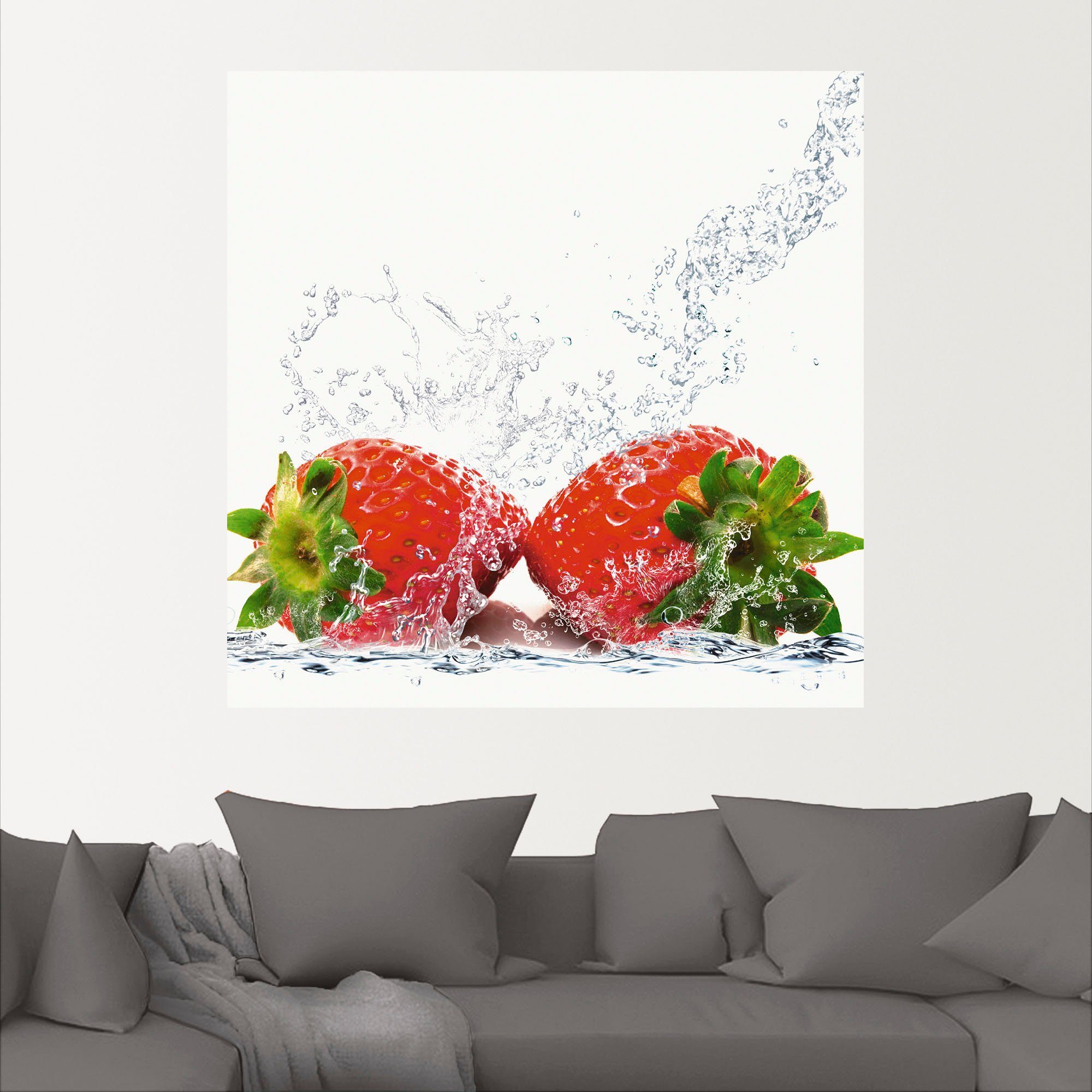 Größen Wandaufkleber Lebensmittel Poster Leinwandbild, versch. Spritzwasser, mit in (1 St), oder Alubild, Erdbeeren Wandbild als Artland