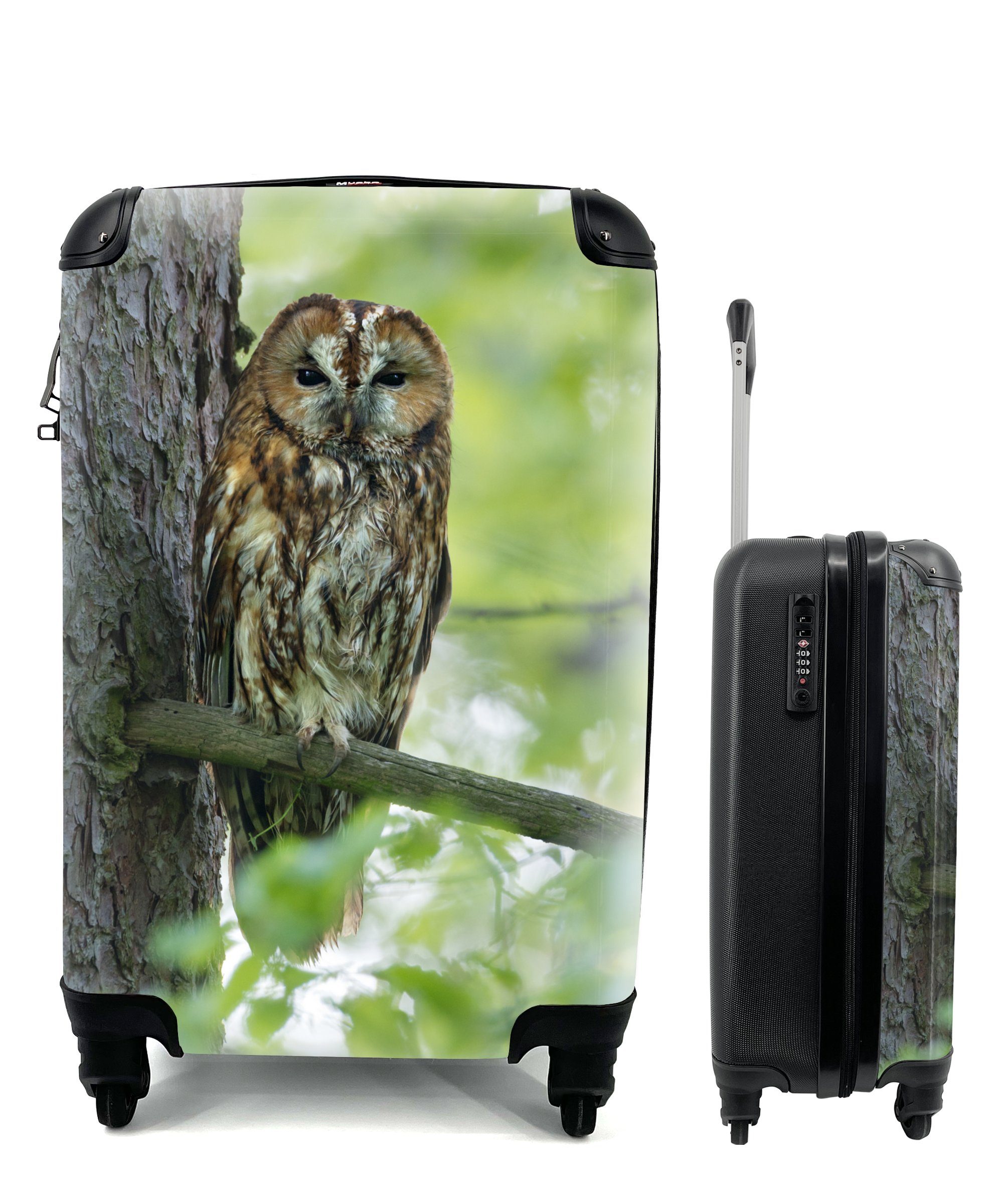 MuchoWow Handgepäckkoffer Waldkauz auf einem Ast im Baum, 4 Rollen, Reisetasche mit rollen, Handgepäck für Ferien, Trolley, Reisekoffer | Handgepäck-Koffer