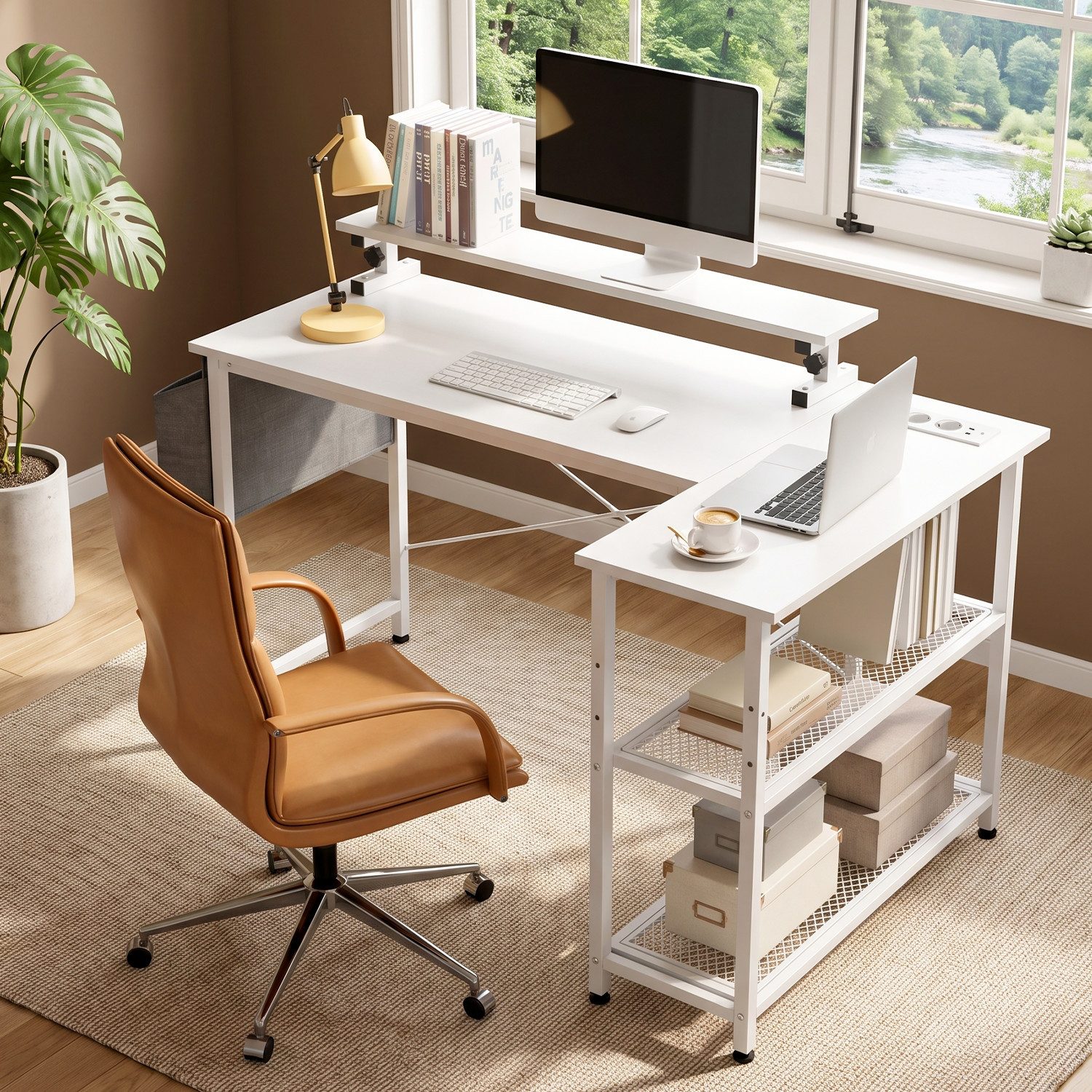 oyajia Schreibtisch Gaming Tisch Eckschreibtisch mit Regal USB-Ladeanschluss und Steckdose (Platzsparender Weißer Computertisch, Kleiner Schreibtisch Geeignet für Home Office), 108cm Computertisch L Form