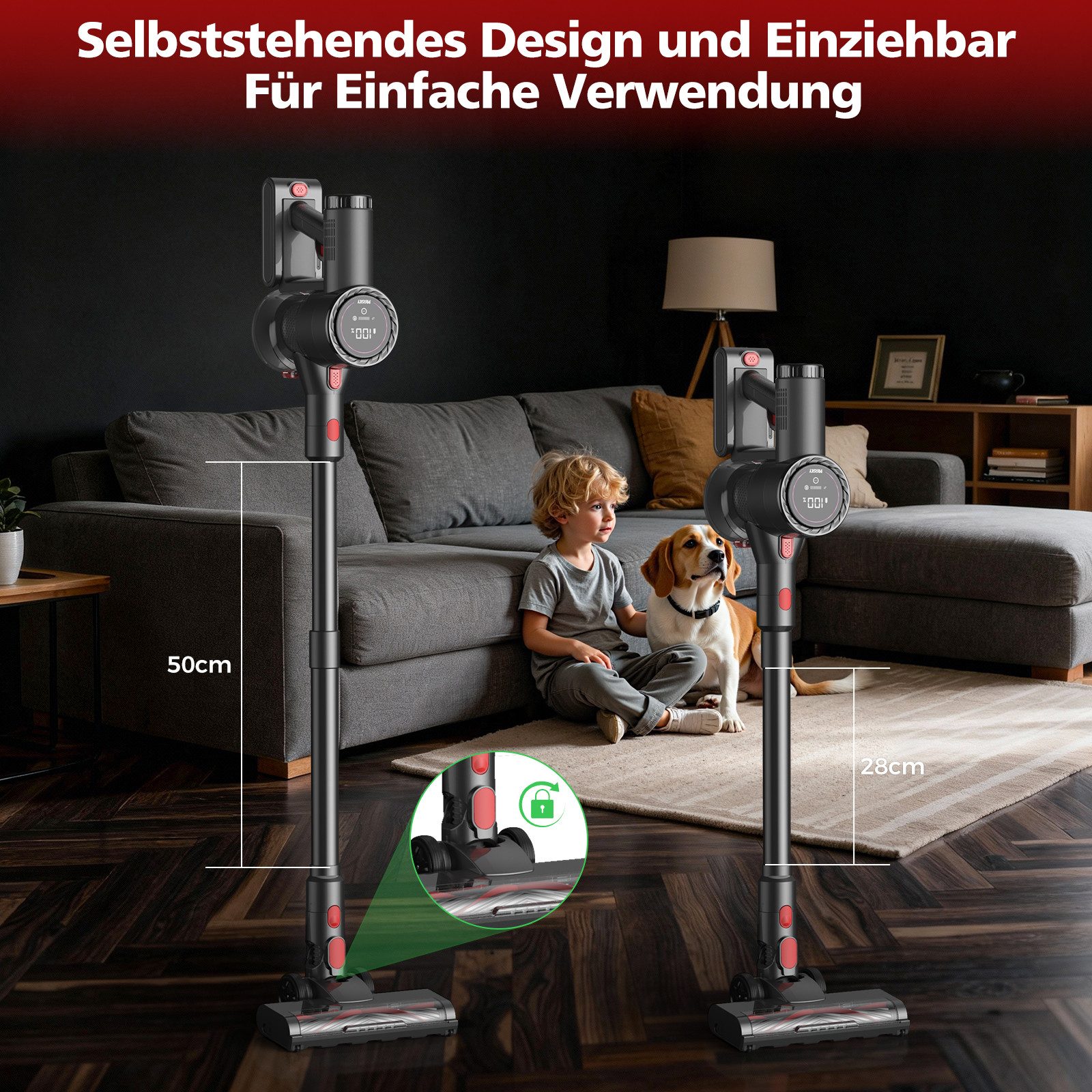 PRASKY Hand-und Stielstaubsauger P1MAX Akku-Staubsauger 45 kPa, freistehend, für Teppich & Hartboden, 550 W, mit Beutel, Geräuschpegel schwarz