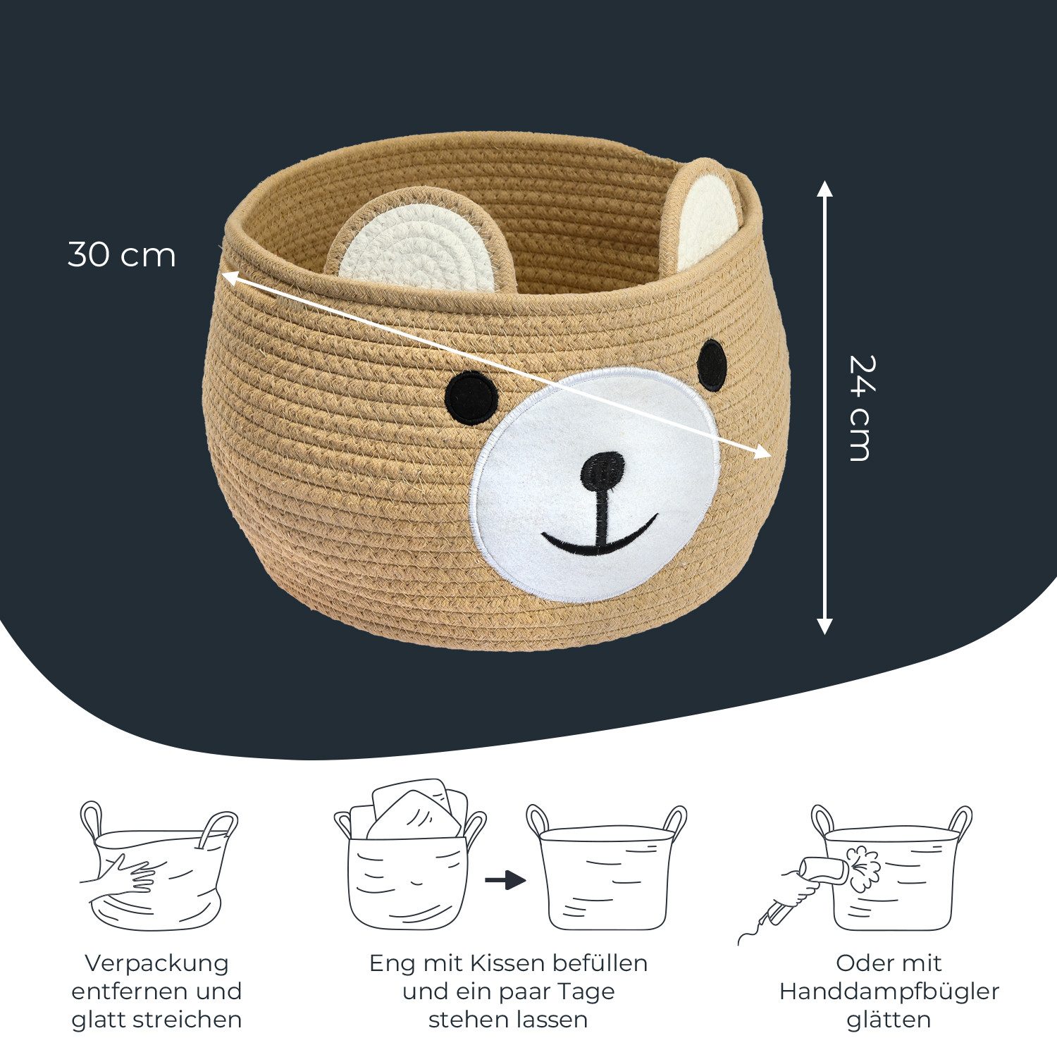 HMF Aufbewahrungskorb Aufbewahrungskorb mit versteckten Griffen, Korb für Kinderzimmer aus Baumwolle, Bär, Honig – Bild 5 von 5