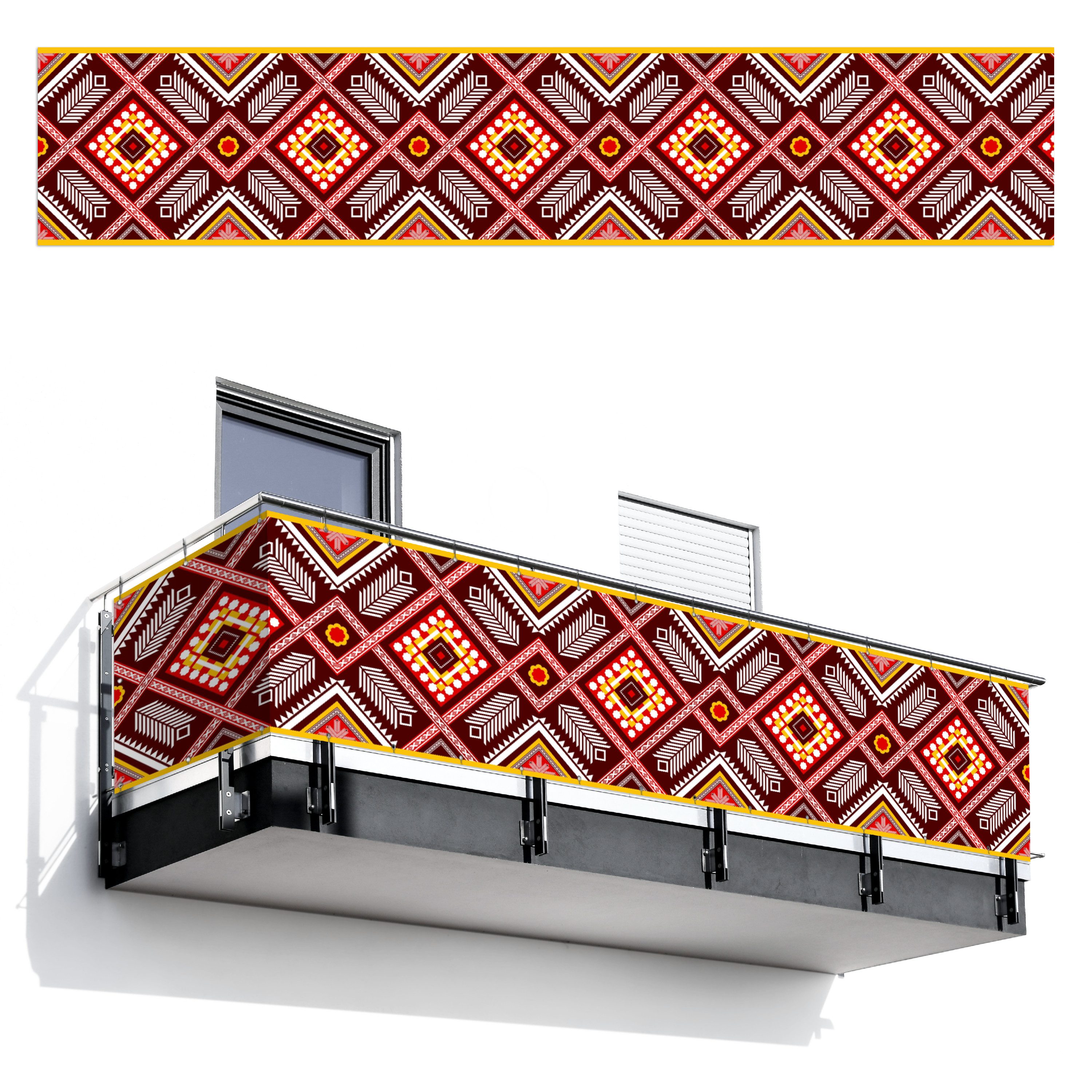 MuchoWow Balkonsichtschutz Muster - Rot - Gelb - Weiß (1-St) Balkon Seitensichtschutz ohne Bohren, Sonnenschutz, 500x95 cm